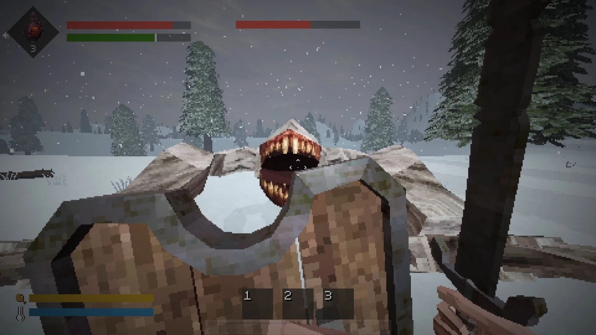 Still Winter: First-person melee fight with a toothy monster in a snowy forest clearing HUD visible.