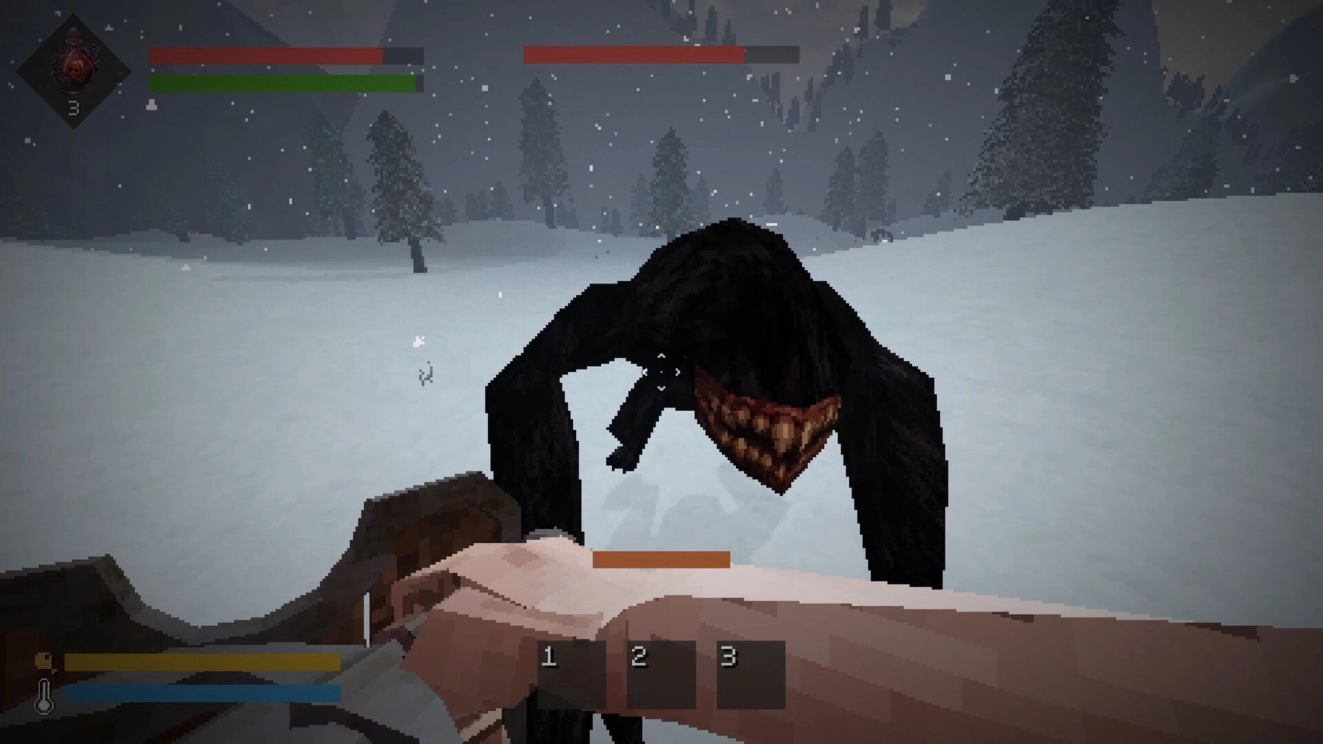 Still Winter: First-person aim at a crawling black monster in snowy field with health bars and hotbar UI.
