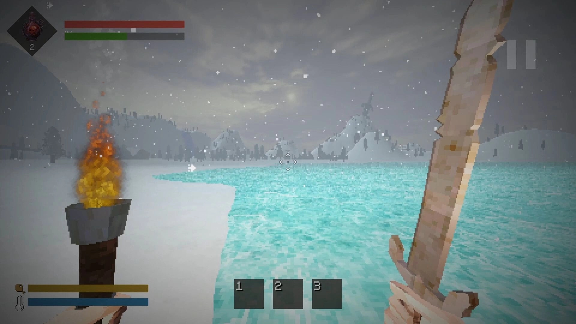 Still Winter: First-person view holding a sword by an icy lake, torch lit, snowing mountains ahead.
