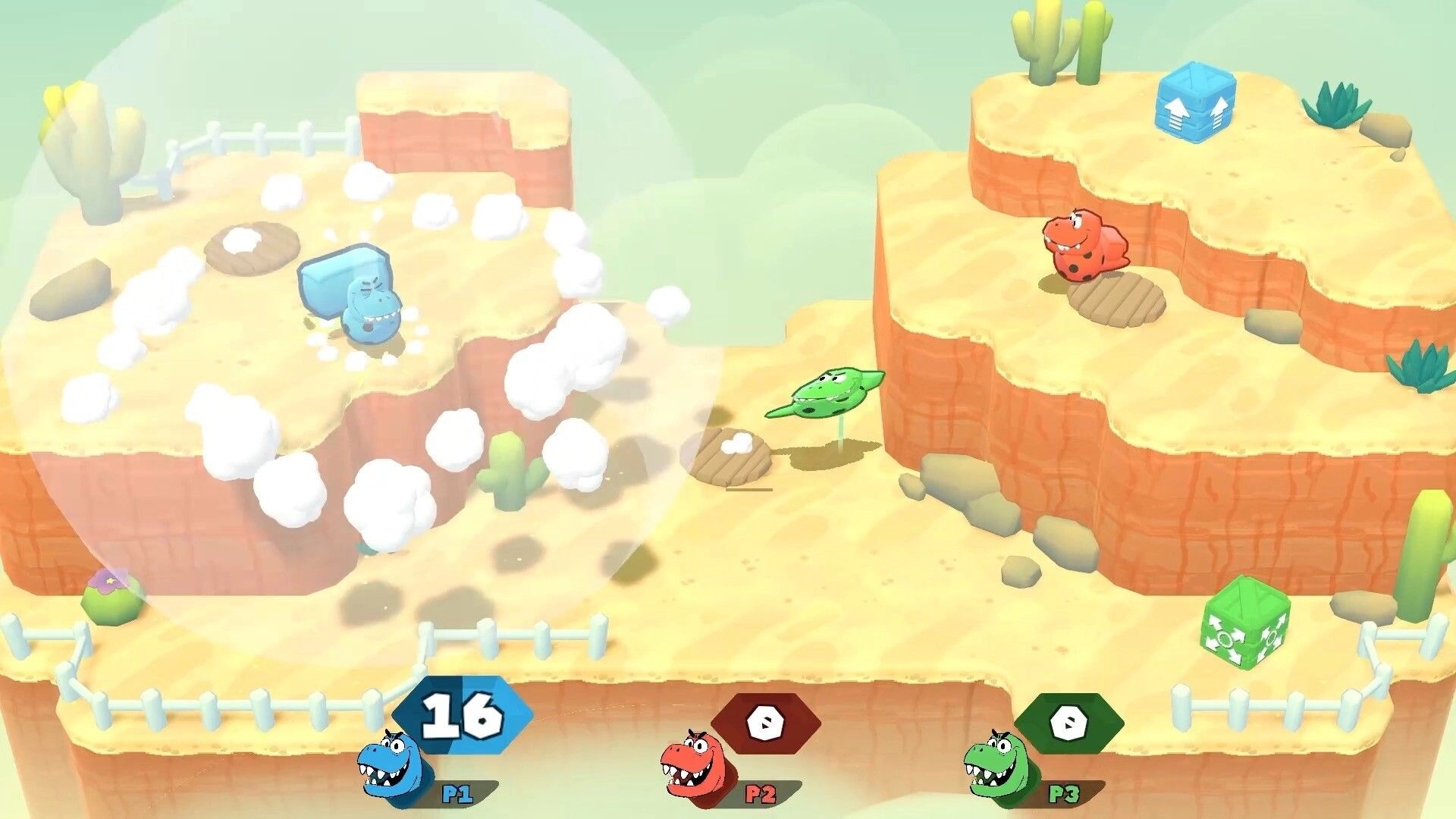 Stomping Grounds: Blue player ground-pounds on sandy cliffside while others prepare in desert arena.