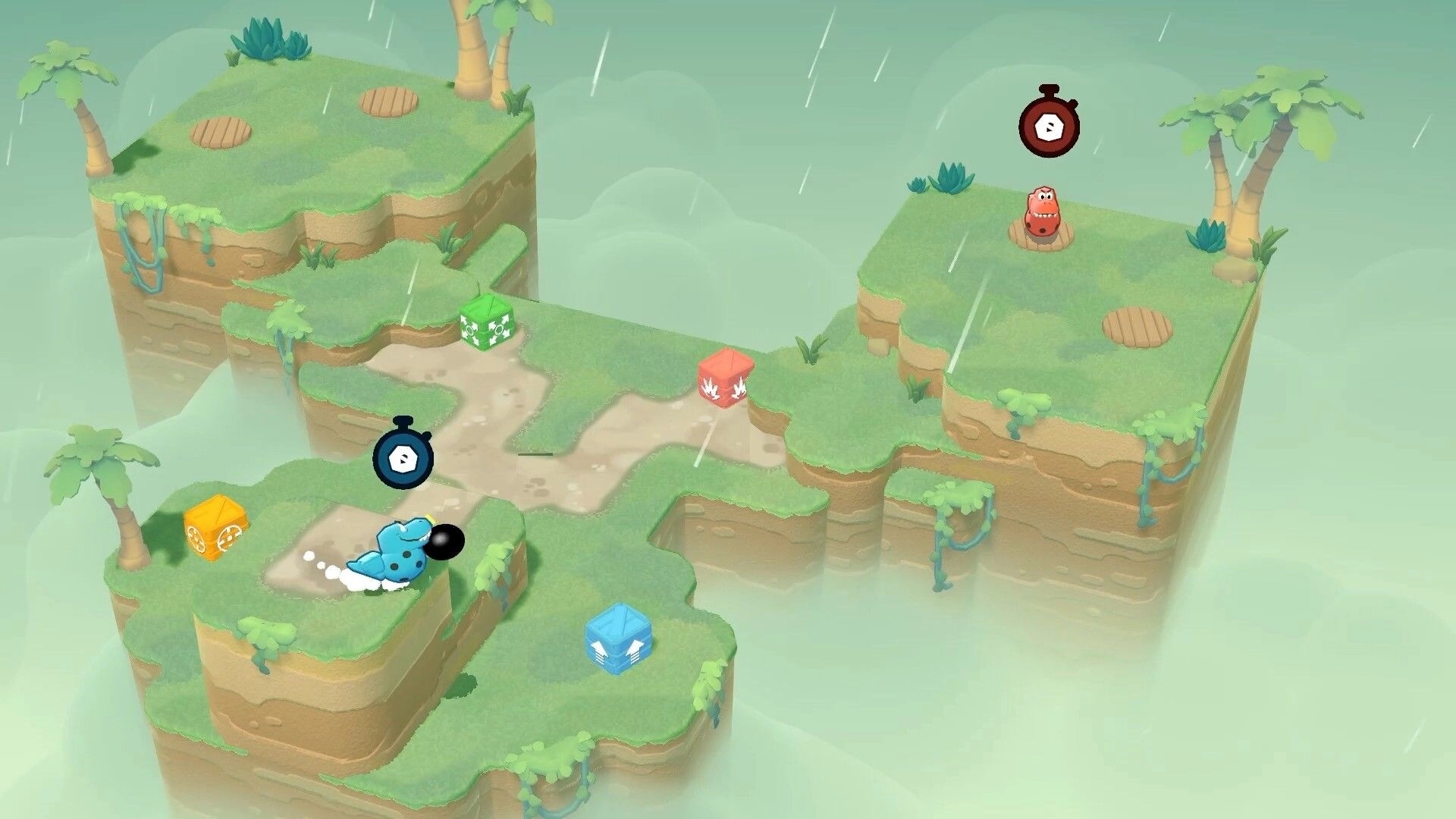 Stomping Grounds: Colorful characters battling across floating, destructible platforms in a misty jungle.