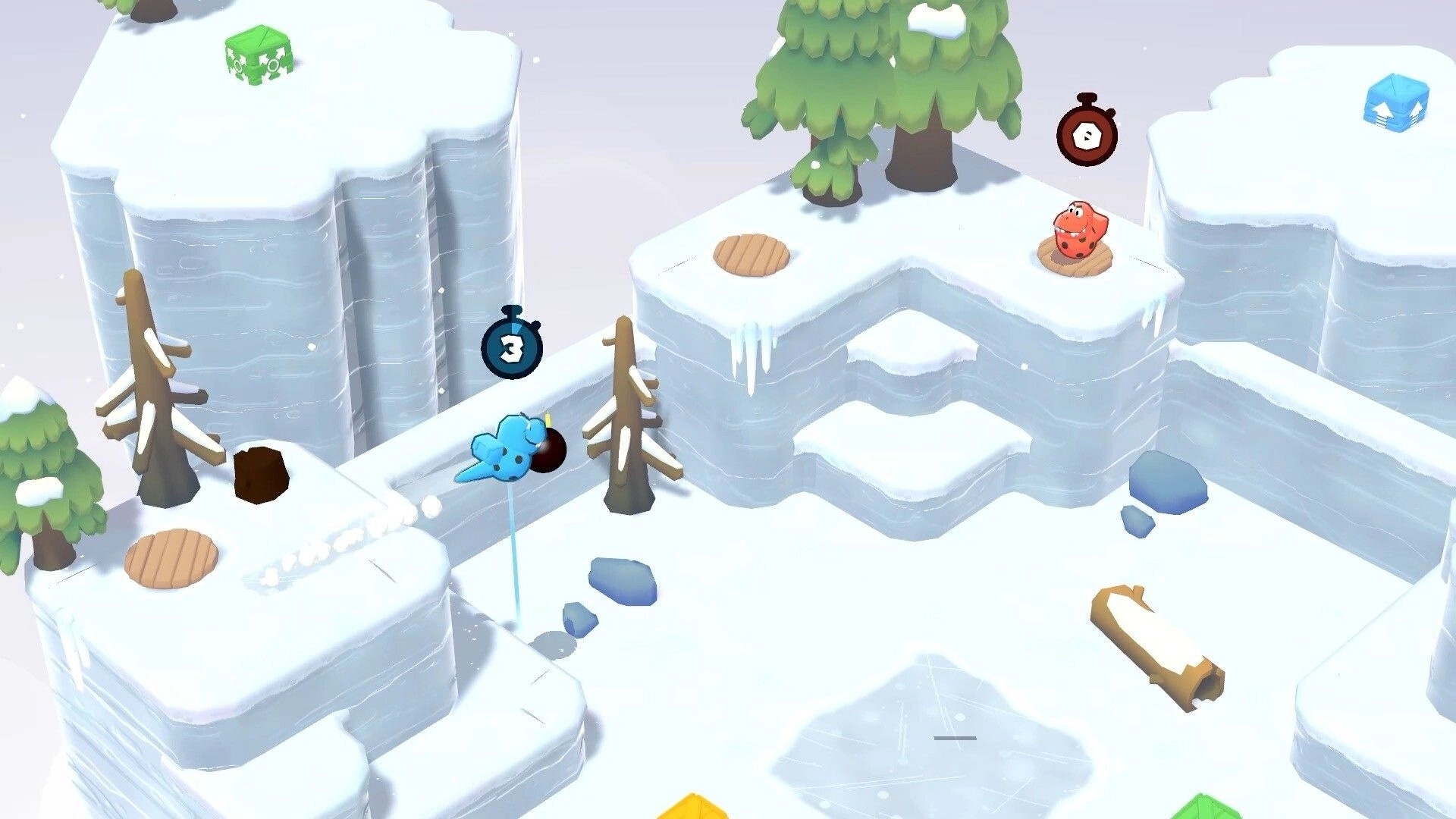 Stomping Grounds: Blue and red characters battling on snowy platforms with destructible terrain