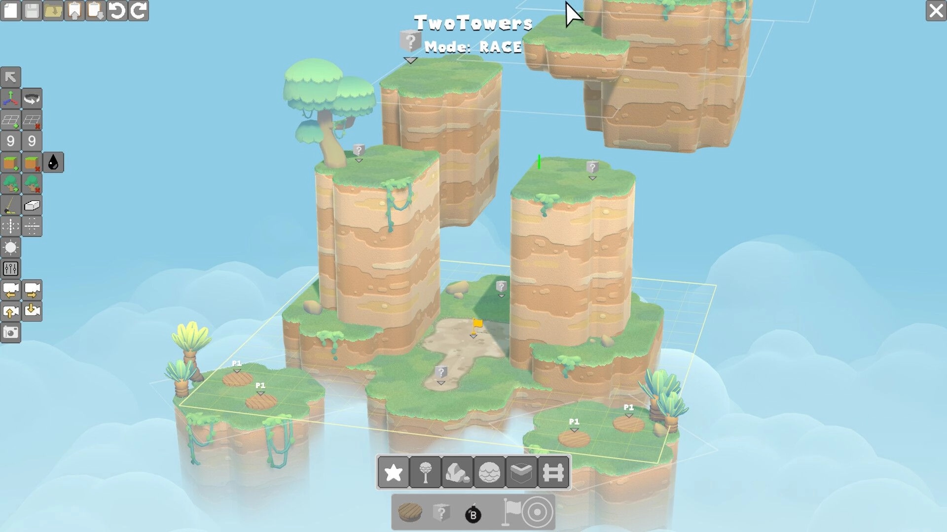 Stomping Grounds: Level editor screen with floating platforms and terrain tools in a sky environment