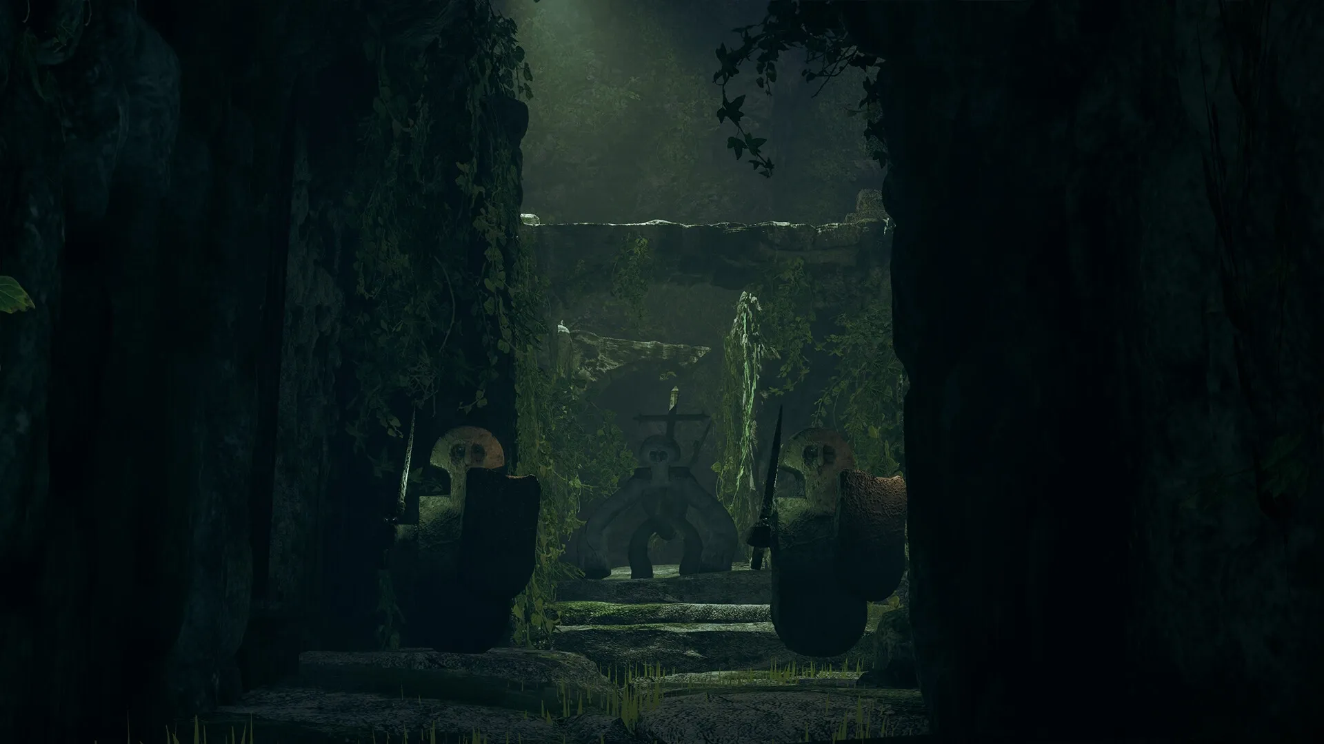 Stonemachia: Ancient stone guardians stand watch in a dimly lit, overgrown forest ruin passage.