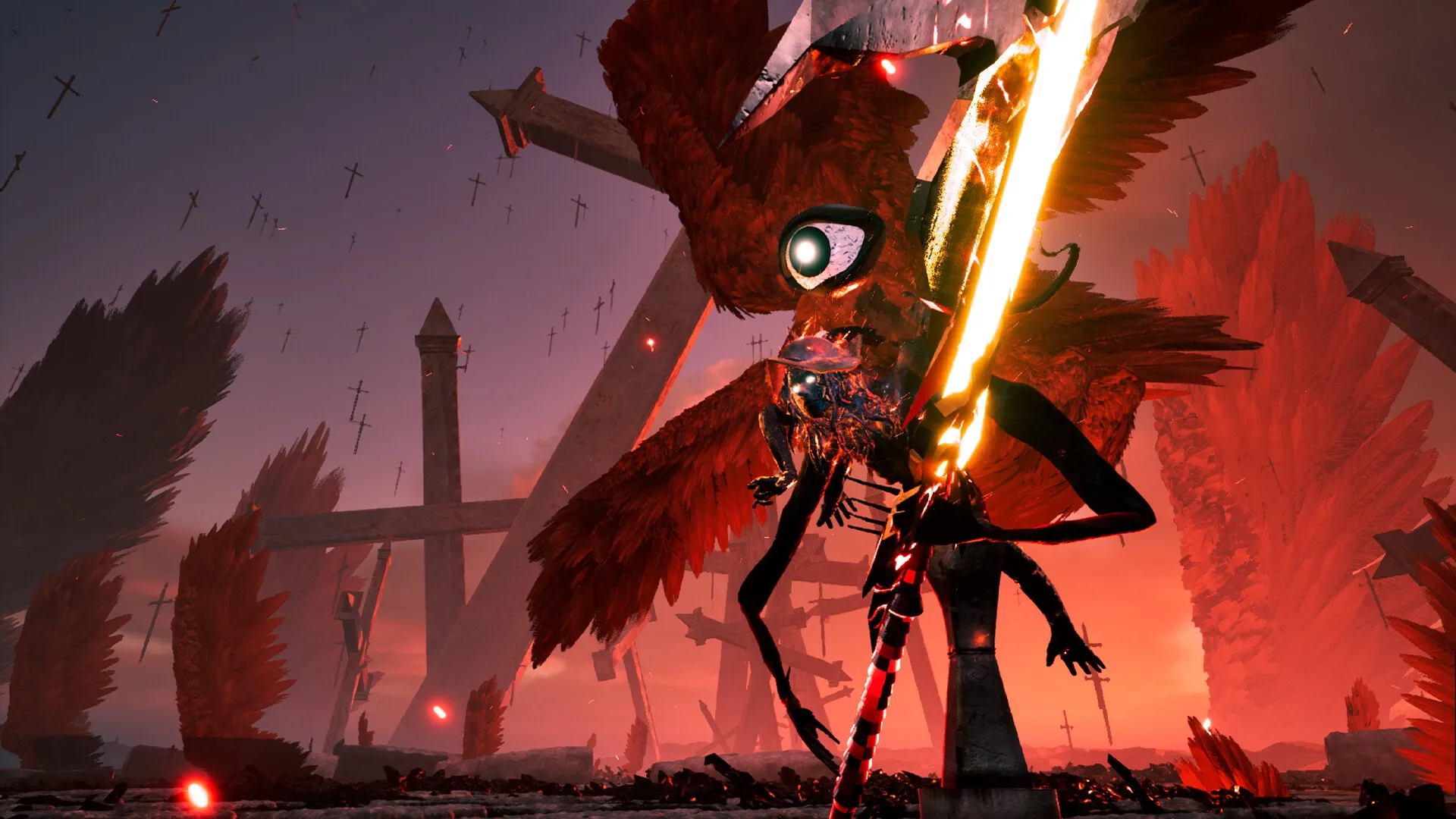 Stonemachia: Zefiro the Pawn battles a fiery winged creature in a surreal, cross-filled wasteland.