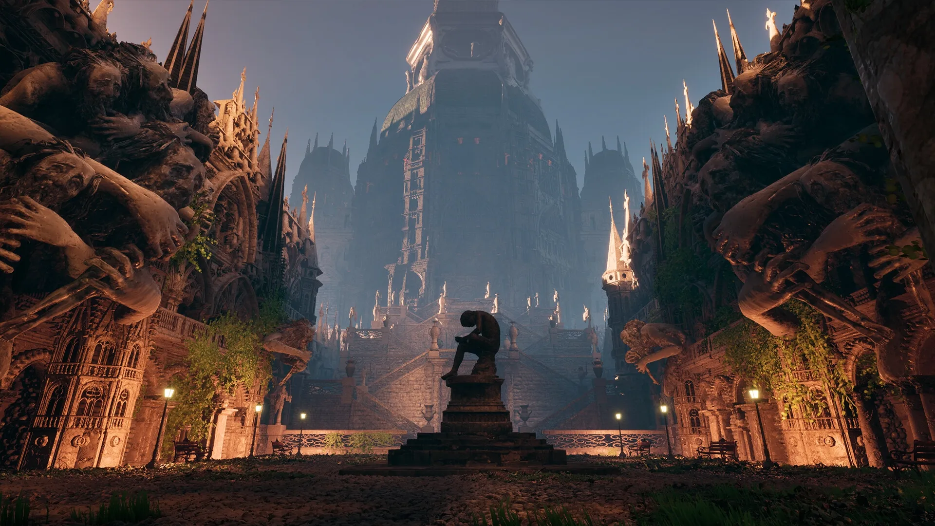 Stonemachia: Zefiro explores cathedral courtyard flanked by giant sculptures and towering spires