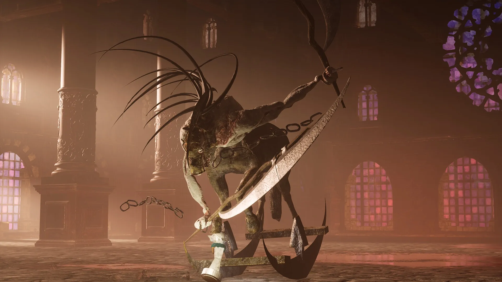 Stonemachia: Zefiro confronting a chained creature in a dimly lit cathedral with stained glass windows