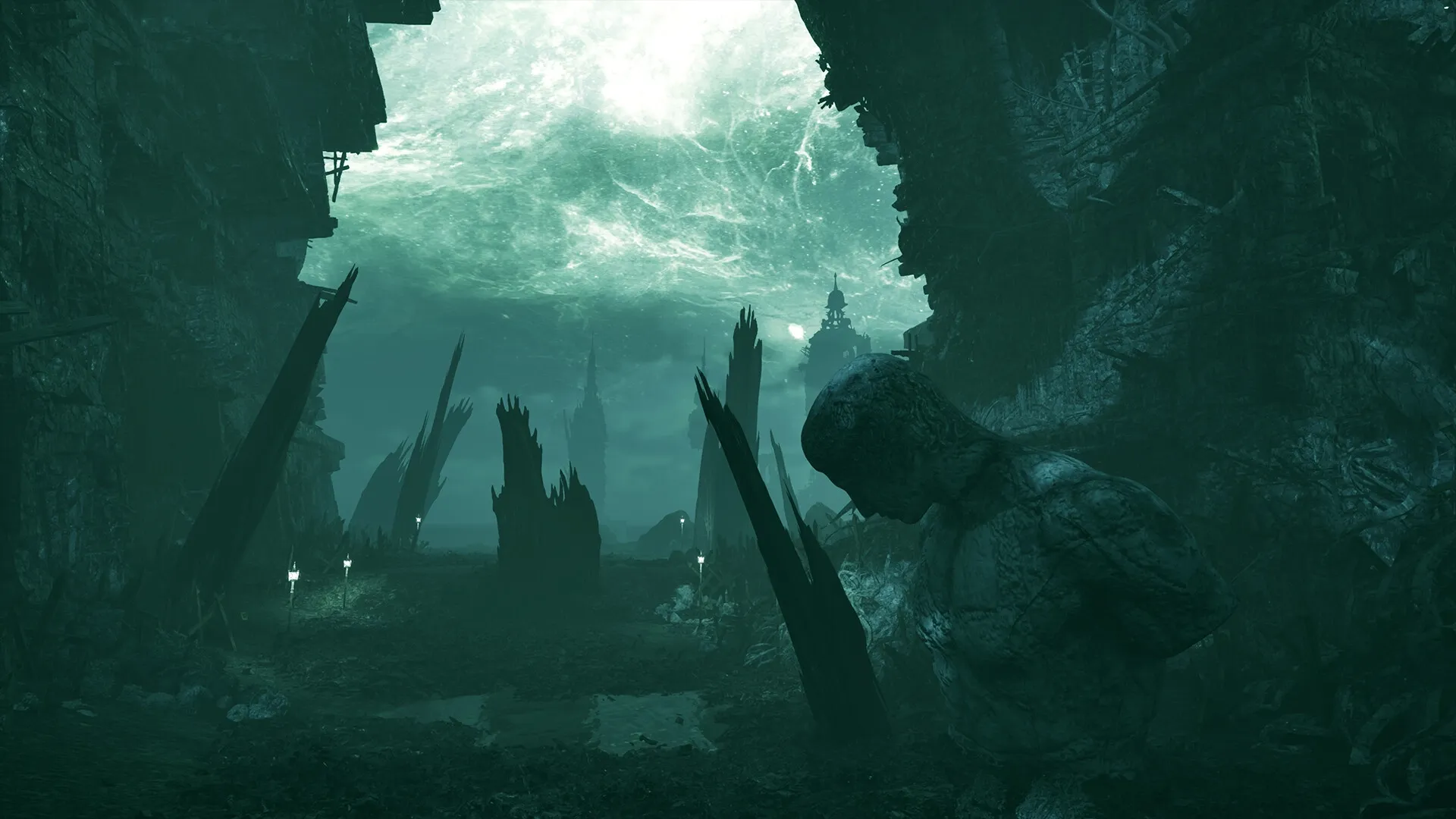 Stonemachia: Ruined cityscape with towering sculptures and distant spires under a stormy green sky