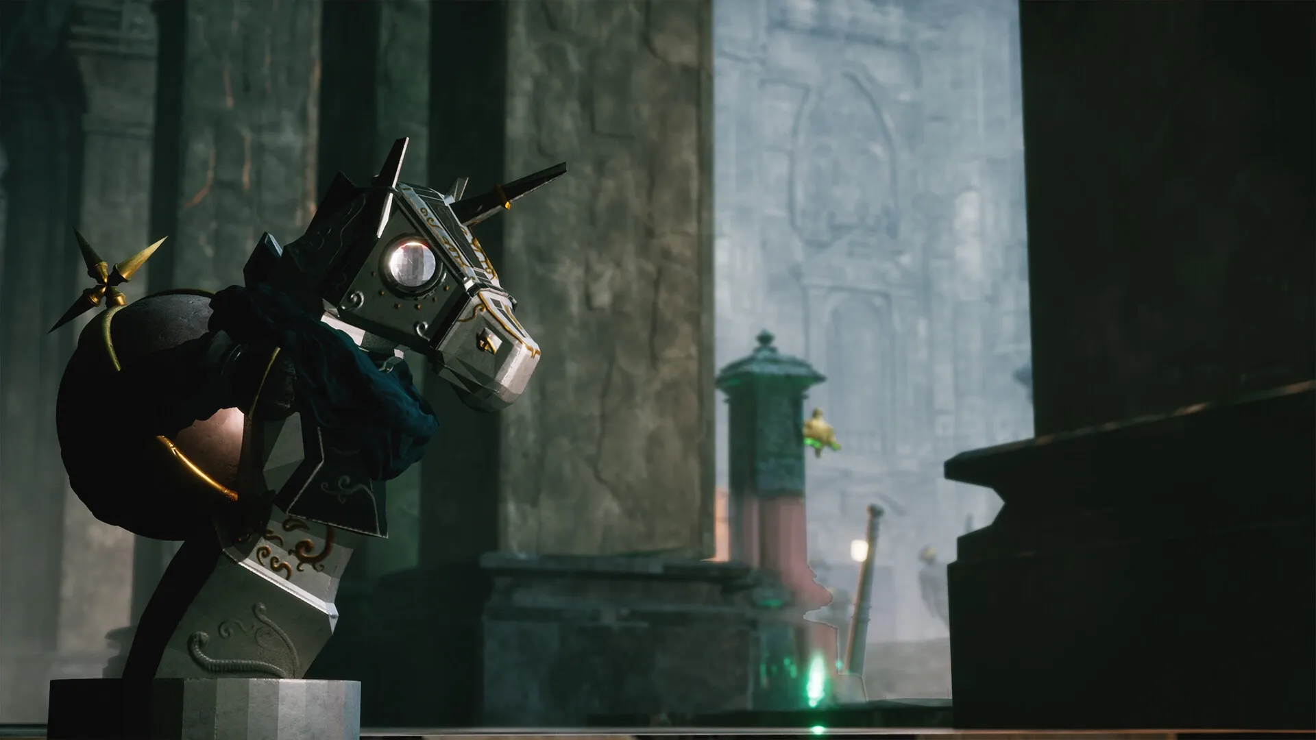 Stonemachia: Zefiro the Pawn stands in a dimly lit ancient hall with ornate stone columns.