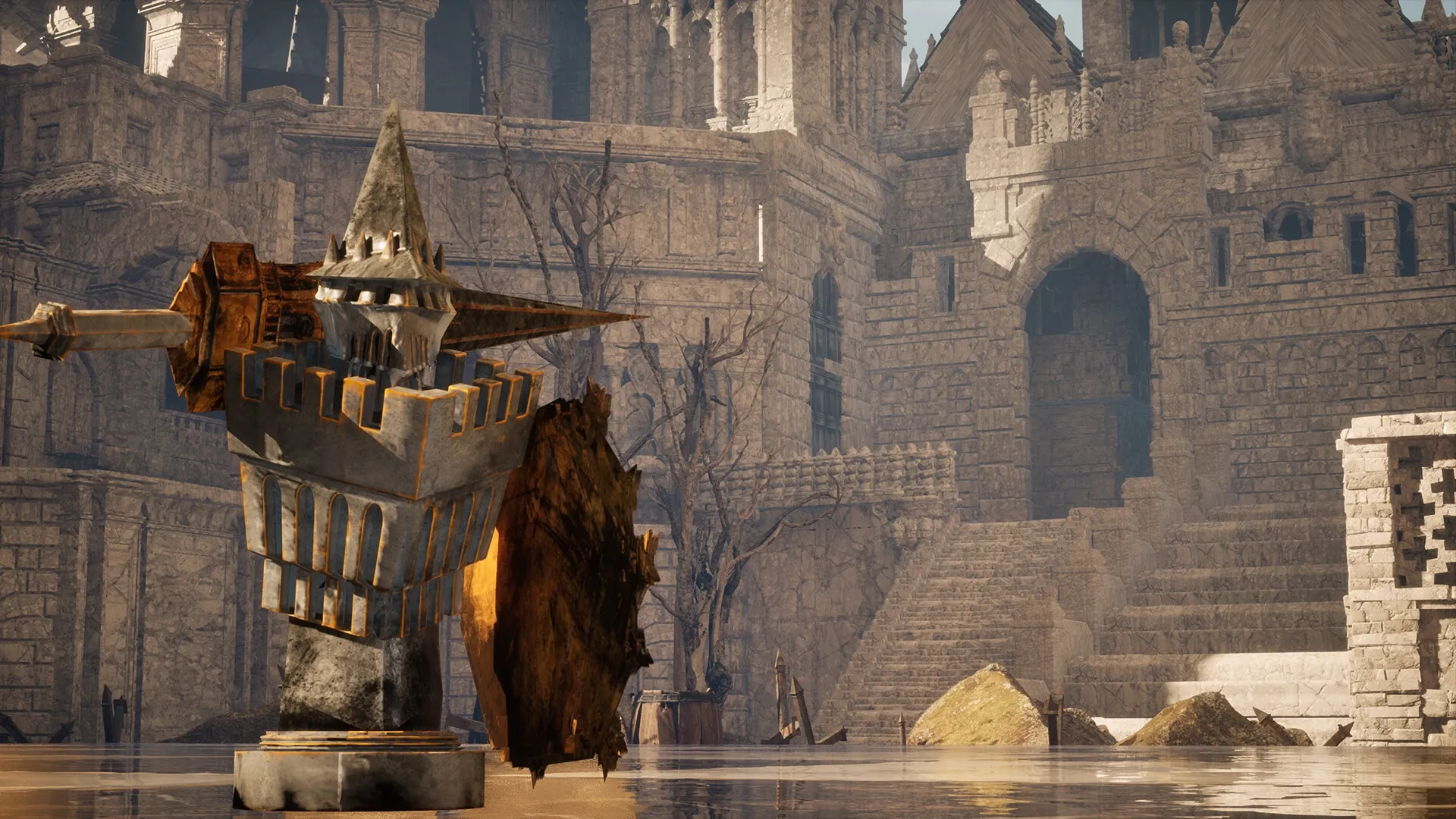 Stonemachia: Zefiro the Pawn poised for battle in a grand castle courtyard with stone architecture