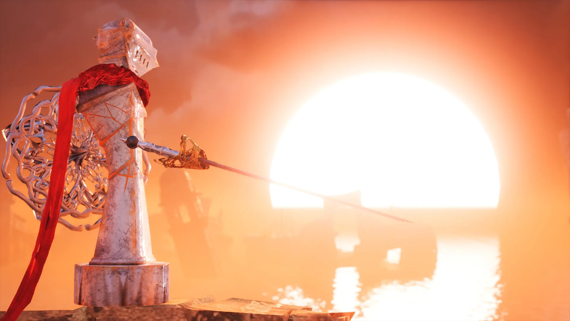 Stonemachia: Zefiro the Pawn stands with a sword on a cliff, overlooking a bright sunset over the sea.