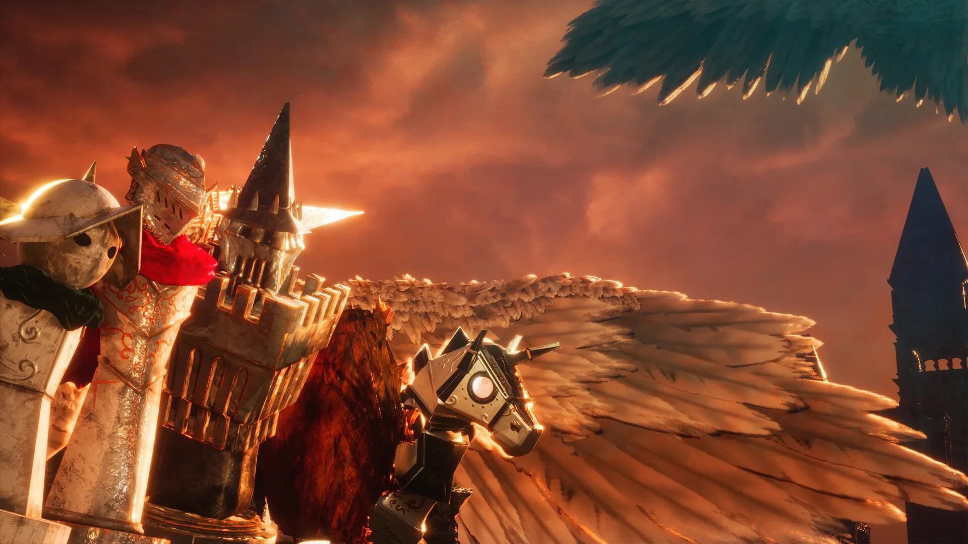 Stonemachia: Zefiro the Pawn stands ready with allies and angelic wings in a sunlit, medieval landscape.