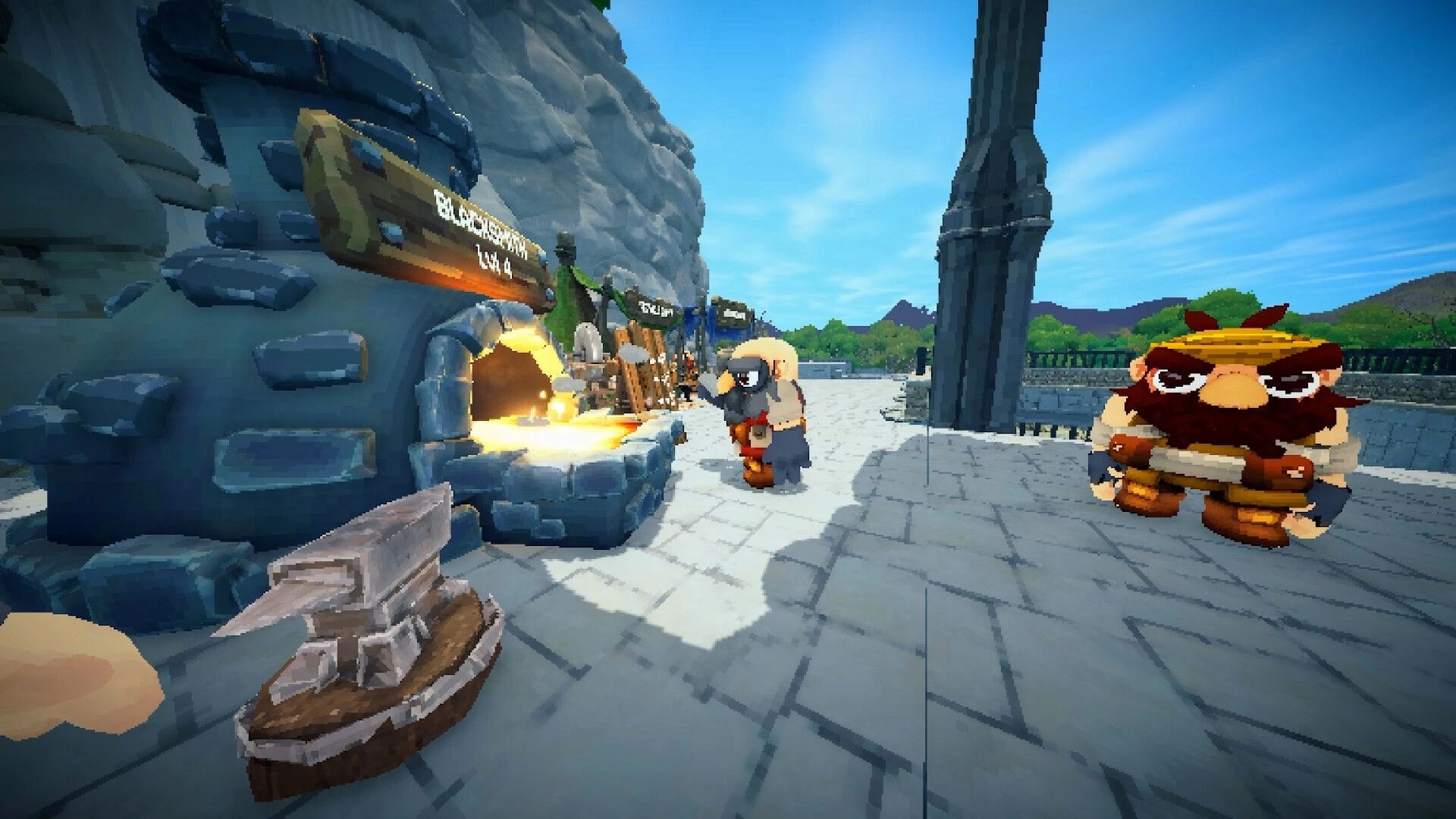 Stonewards: First-person view at a forge stall with NPCs and stone plaza under blue sky.