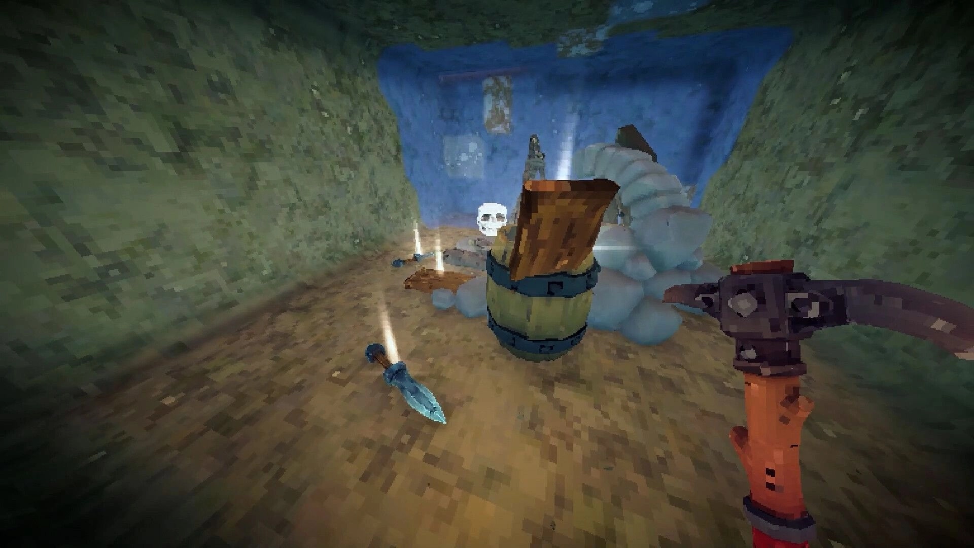 Stonewards: First-person pickaxe view facing a skull foe by blue ice wall inside a narrow cave tunnel.