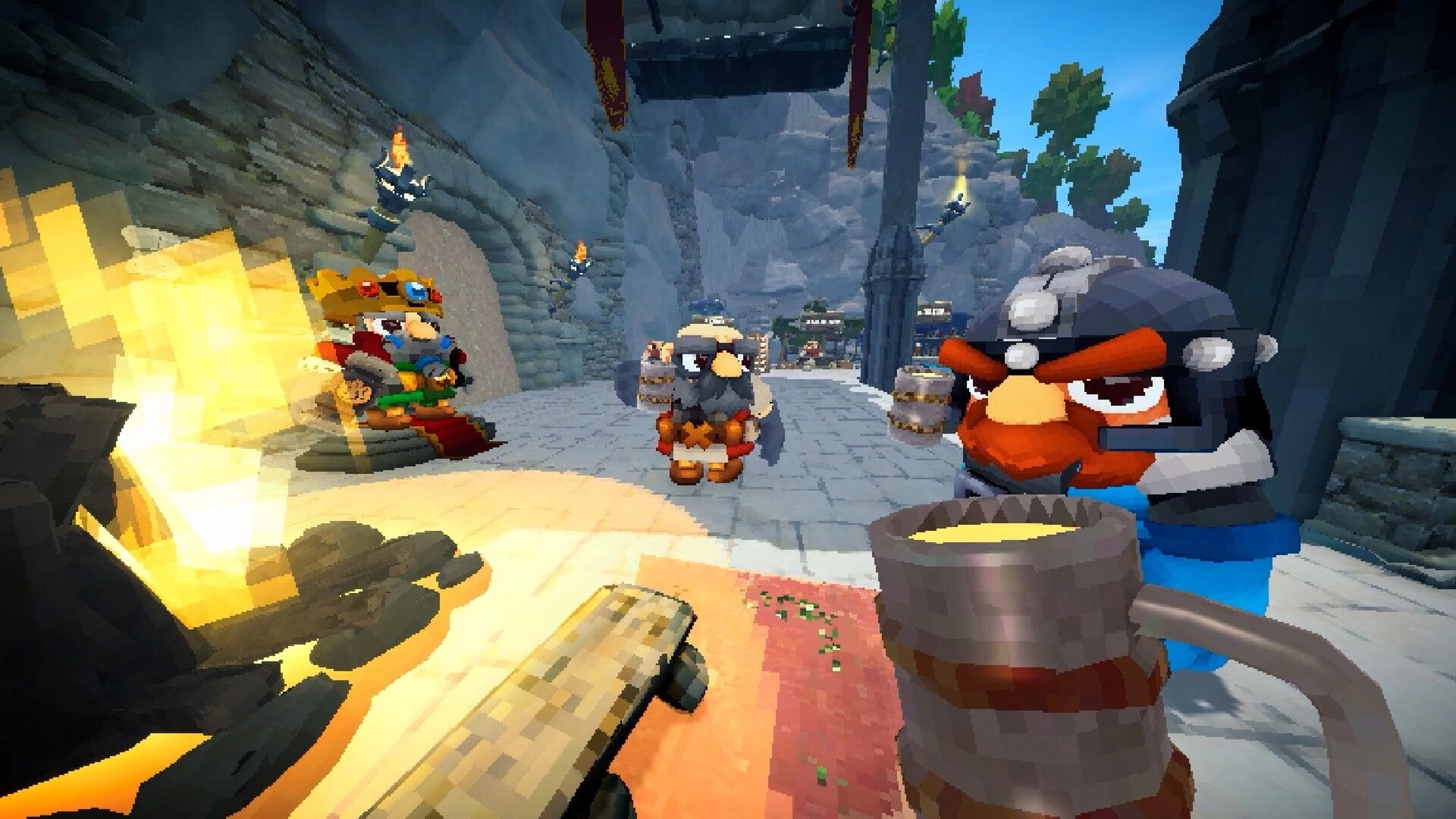 Stonewards: Dwarf NPCs by a campfire and stew pot in a stone canyon corridor with torches and banners.