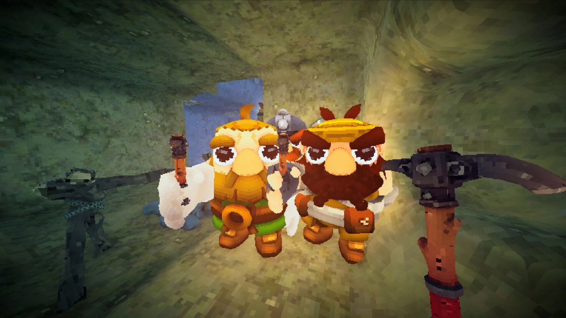 Stonewards: Two dwarf miners pose in a stone tunnel, first-person view holding a pickaxe.