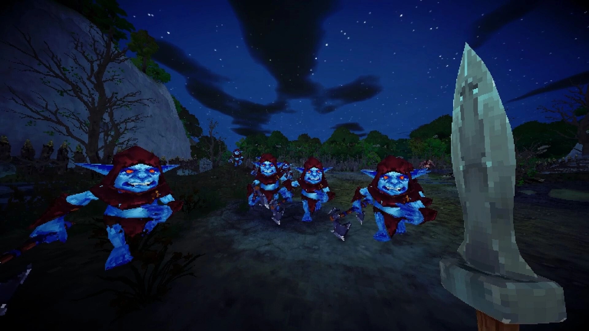 Stonewards: First-person blade facing blue goblins rushing in a starry forest clearing at night.