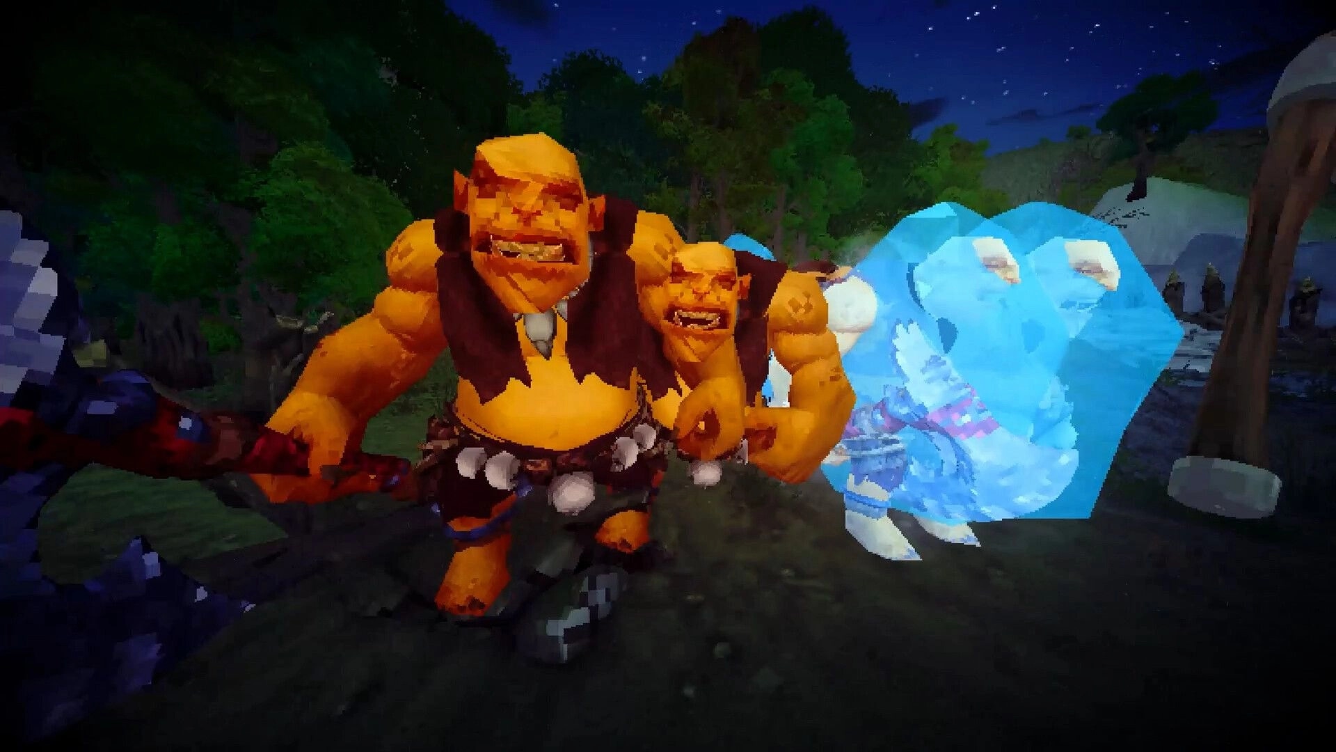 Stonewards: Two hulking ogres charge past a blue ice golem on a moonlit forest cliff path.