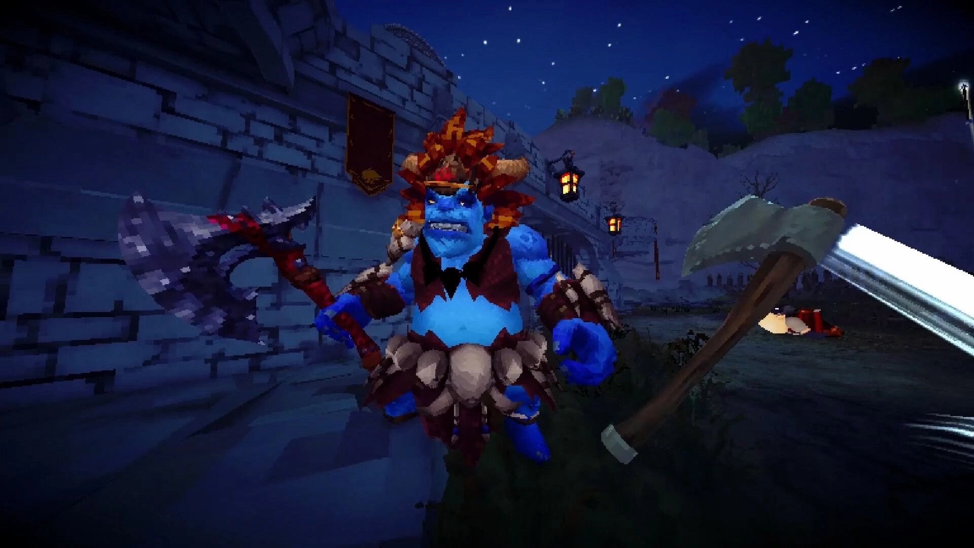 Stonewards: First-person axe raised at a blue ogre warrior by stone wall in snowy night bastion.