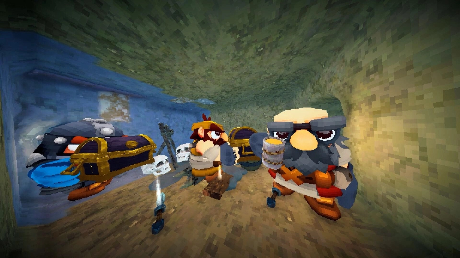 Stonewards: Two dwarven heroes beside treasure chests and skulls in a cramped stone tunnel room.