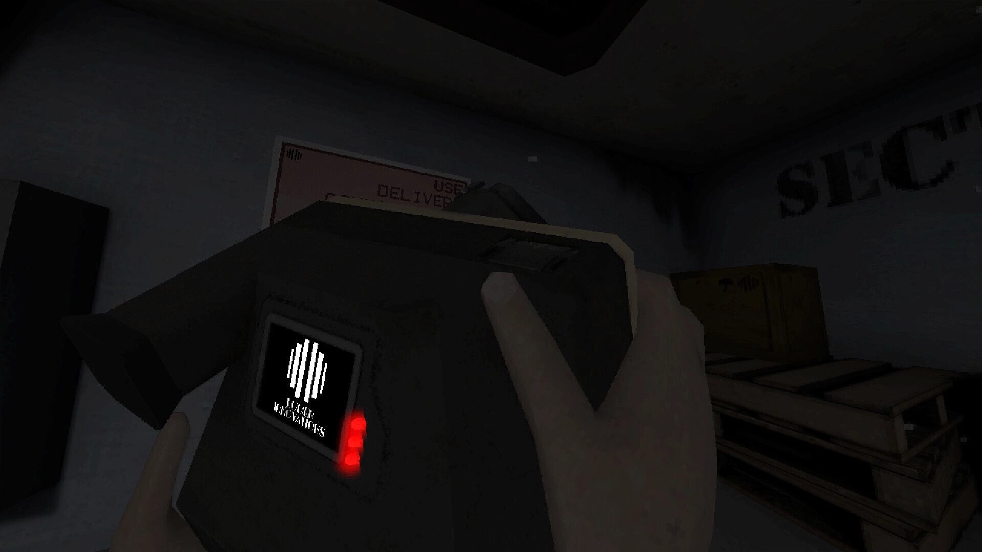 Stop The F: Player holds a camera with red lights and viewfinder in a dim storage room with crates.