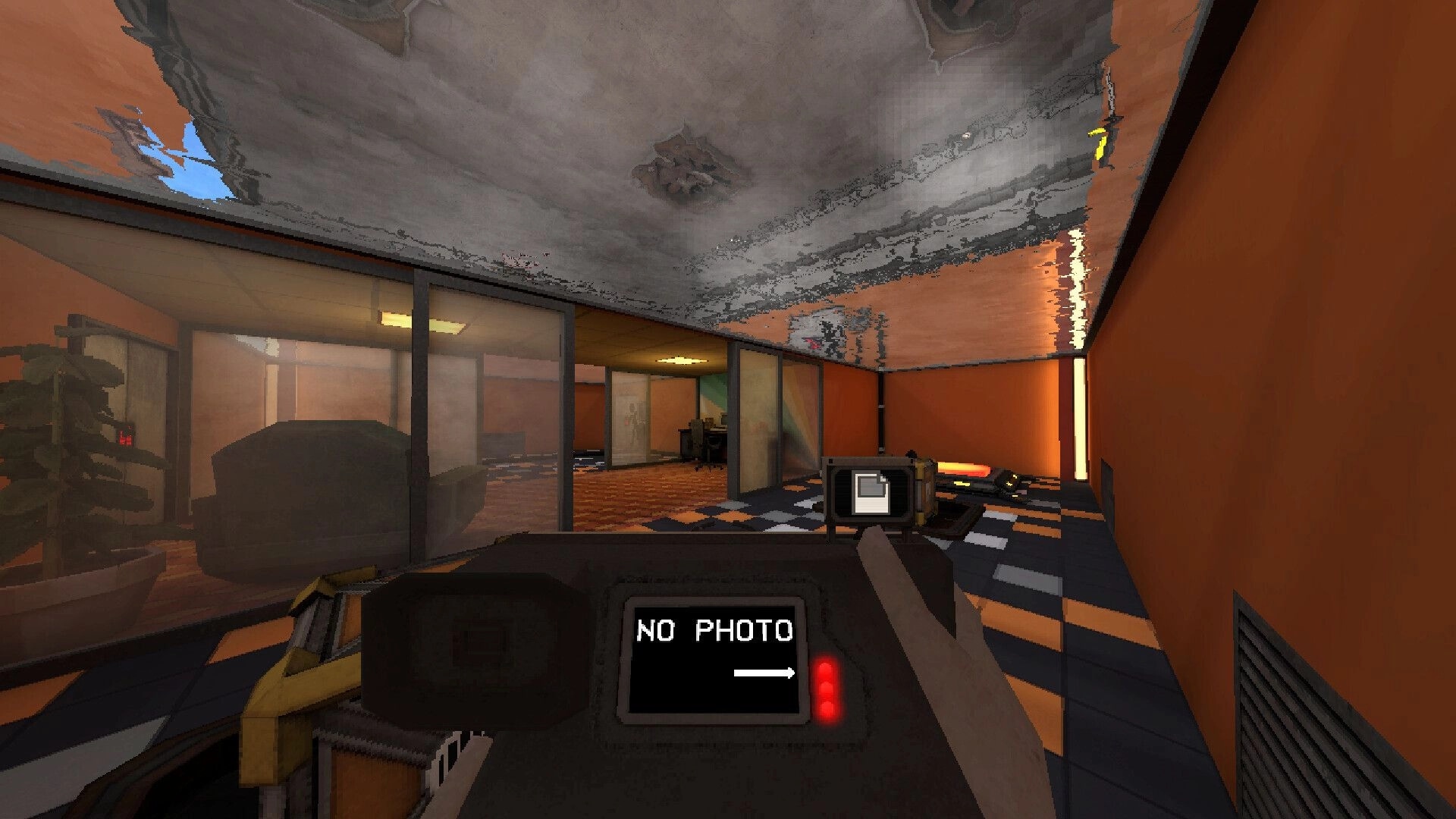 Stop The F: First-person view holding camera with NO PHOTO display in orange office hallway.
