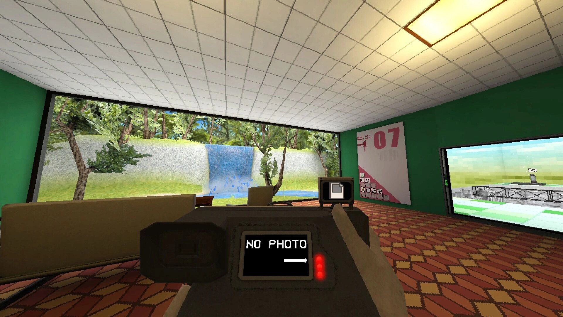 Stop The F: Player holds camera showing NO PHOTO in lounge with waterfall window and screen wall.