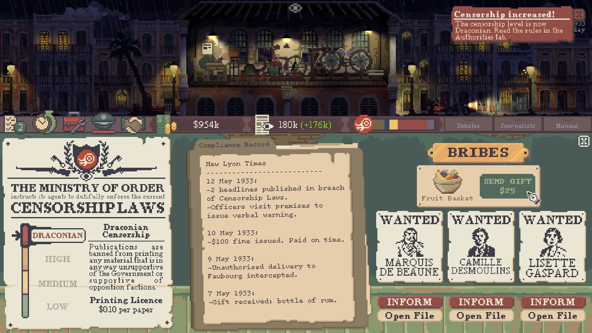 Stop the Press!: Managing draconian censorship laws and bribes menu in a dimly lit newsroom UI.