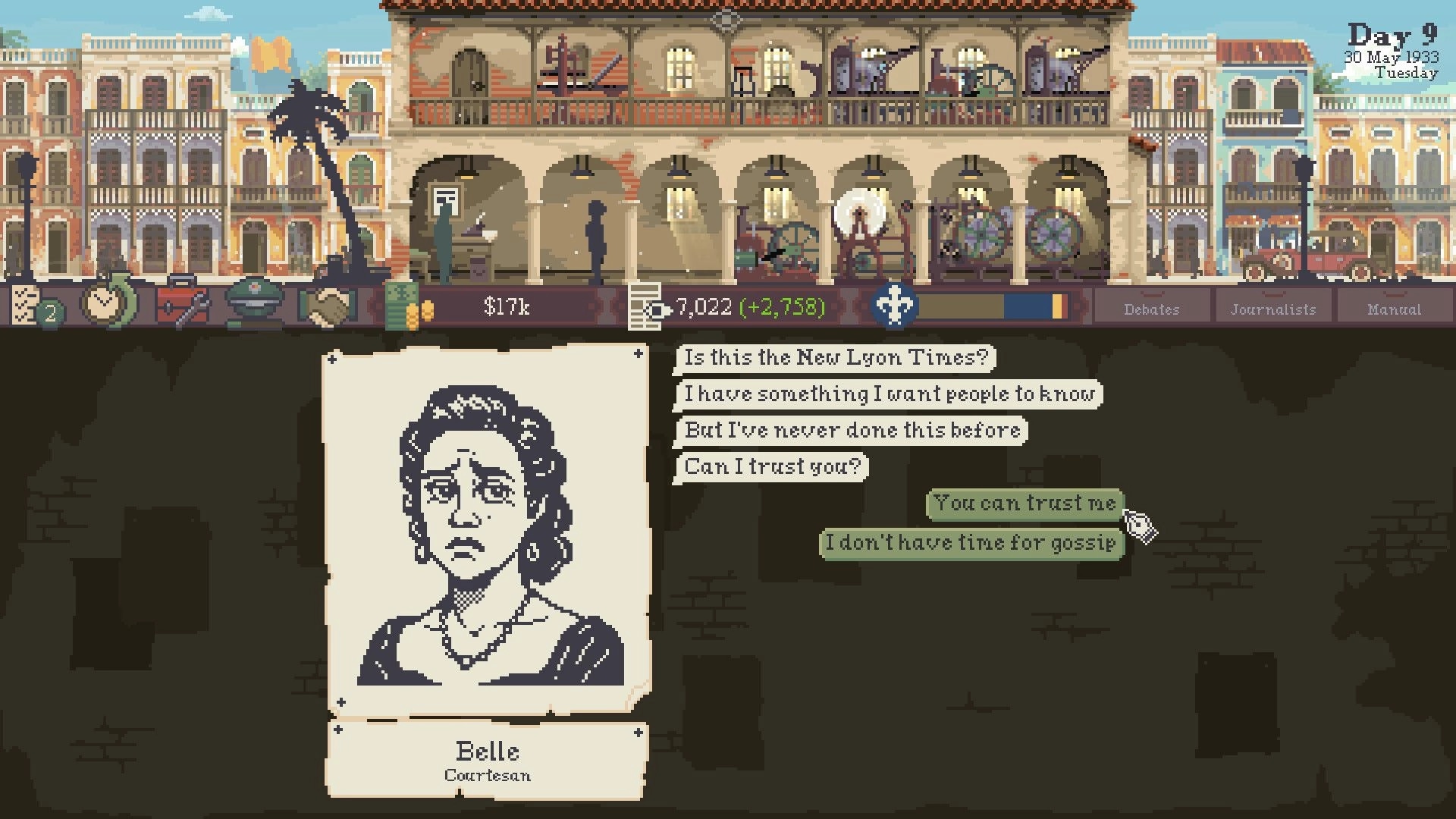Stop the Press!: Dialogue with Belle the courtesan and trust choices over newspaper office management view.
