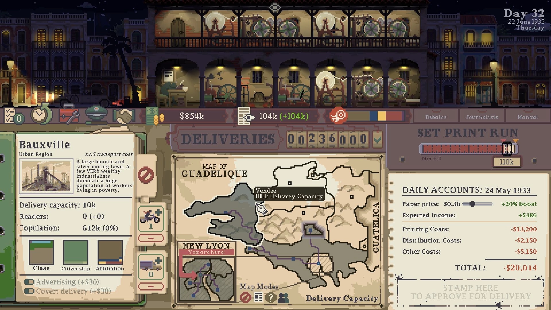 Stop the Press!: Deliveries map UI with print run slider and daily accounts panel in newspaper office.