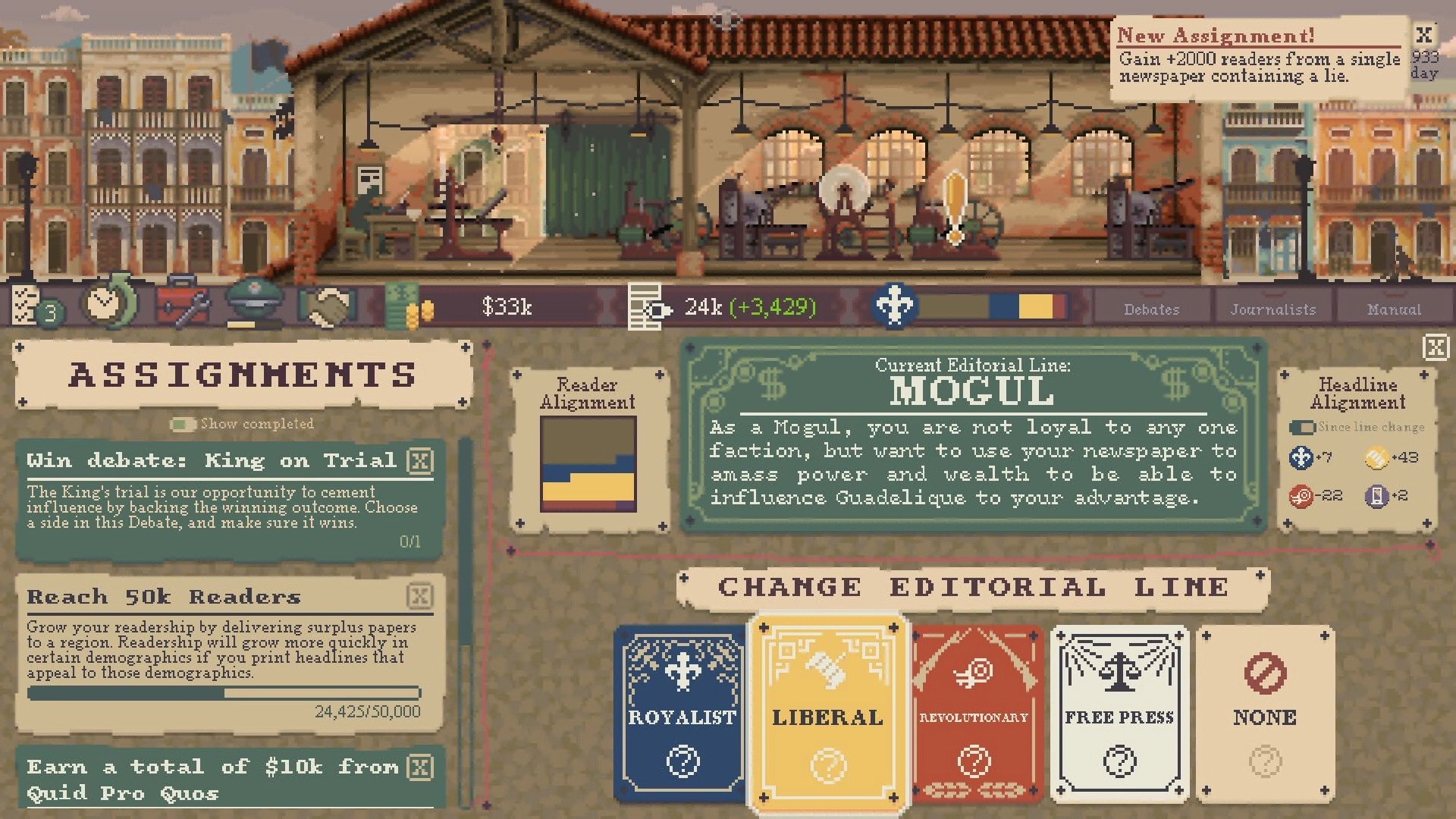 Stop the Press!: Assignments menu and Mogul editorial line with press workshop backdrop and reader stats UI.