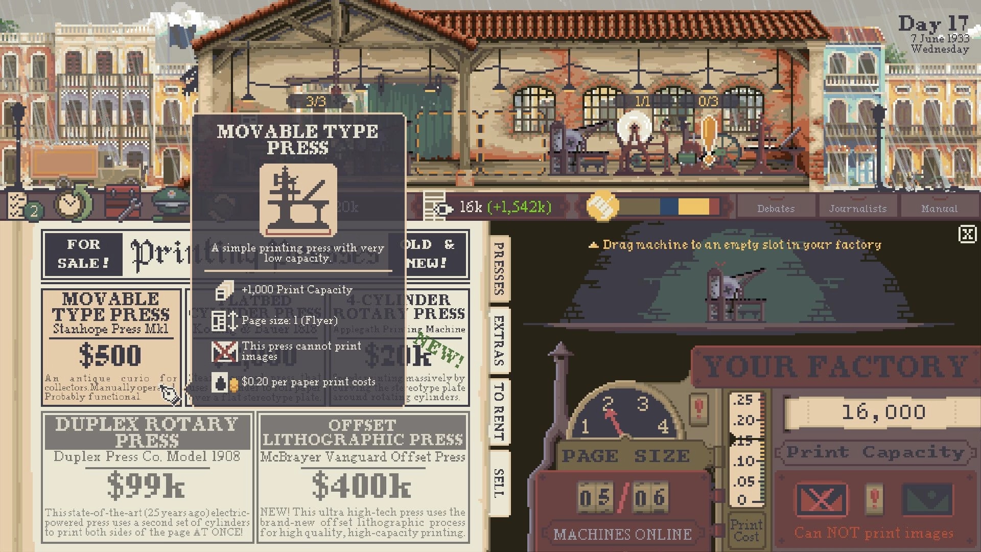 Stop the Press!: Press shop menu with Movable Type Press details over factory machine slots view.