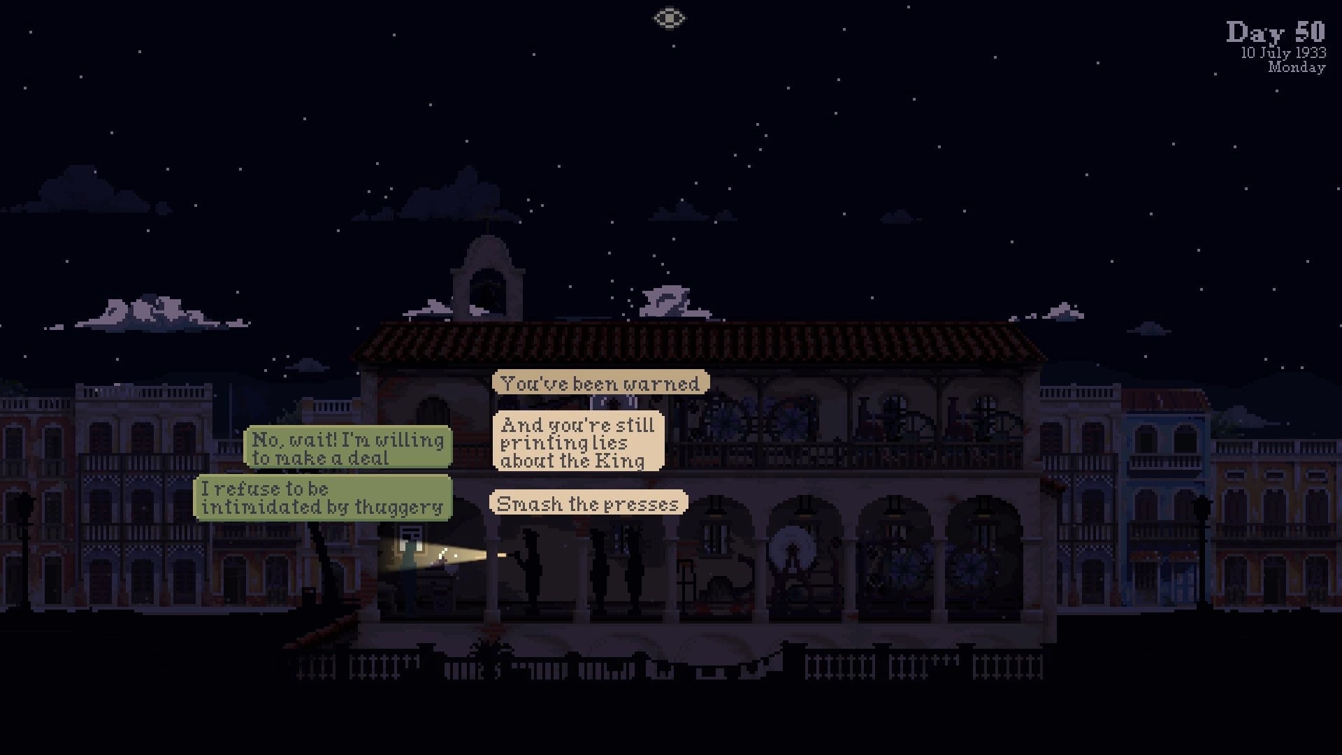 Stop the Press!: Dialogue choice menu during a night raid on the newspaper building, Day 50 UI visible.