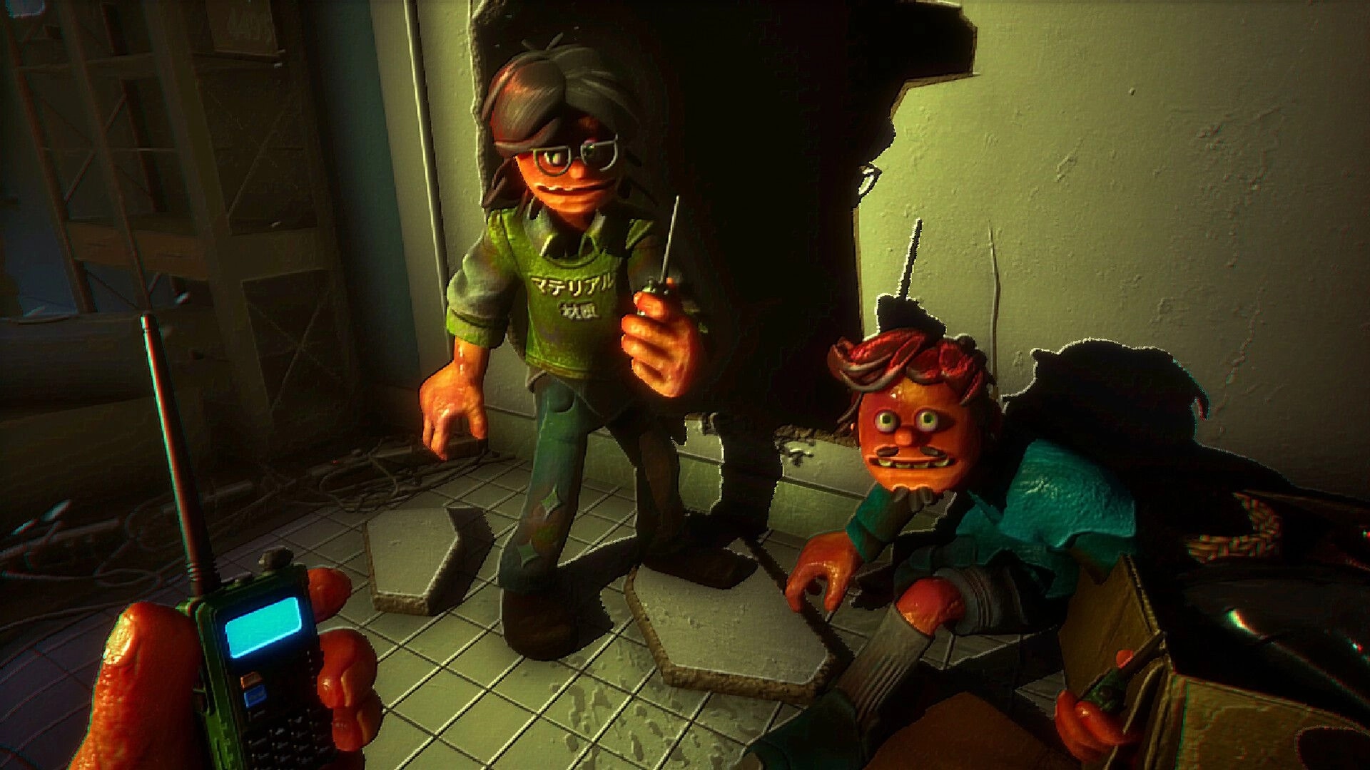 Storebound: Two characters with walkie-talkies hiding in a dimly lit corner of a damaged store room.