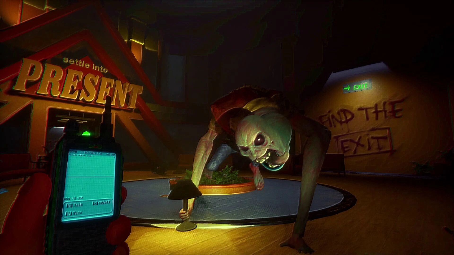 Storebound: Player holds radio while creature lurks near "Find the Exit" sign in dimly lit store.