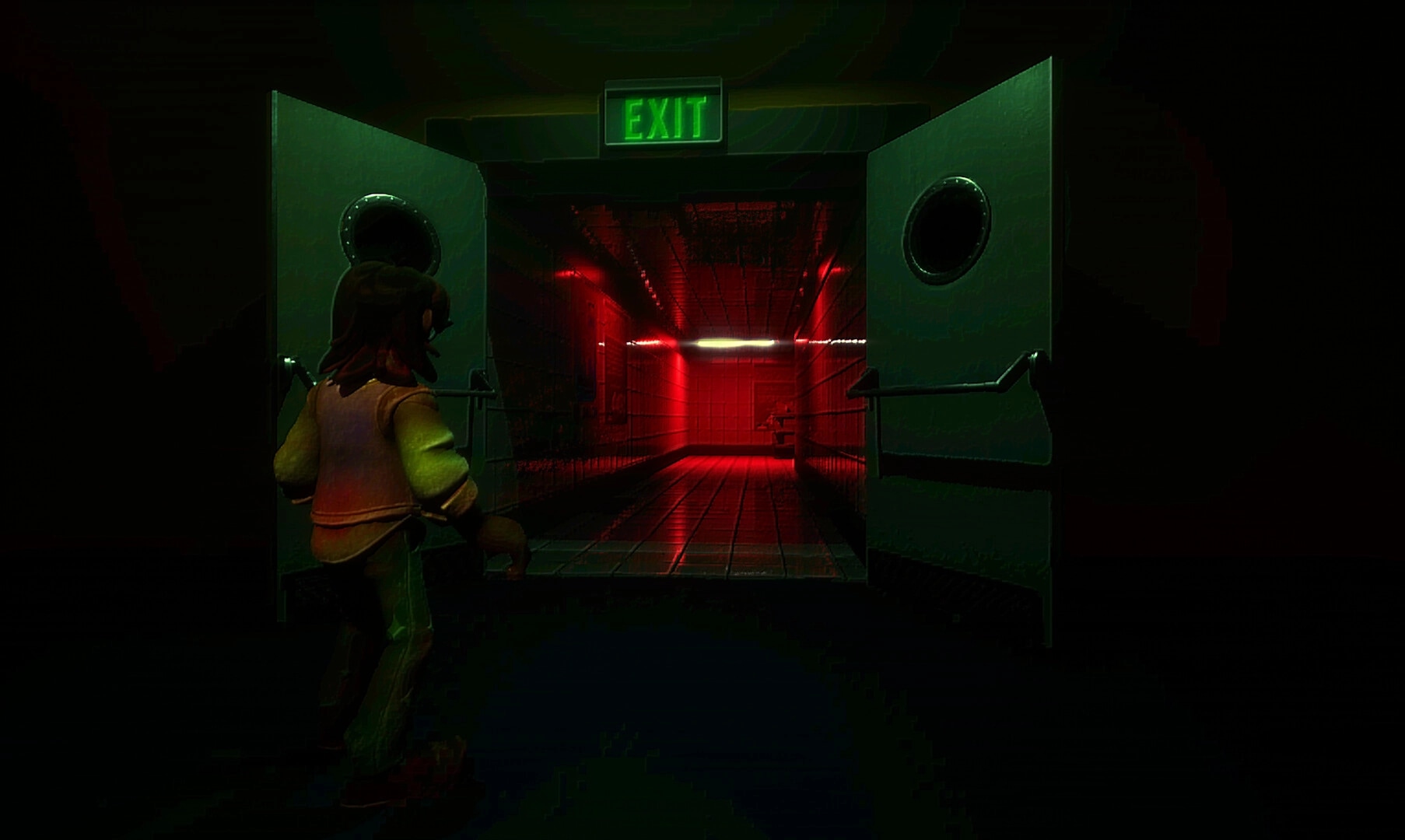Storebound: Character approaches open doors with glowing green exit sign in dimly lit corridor