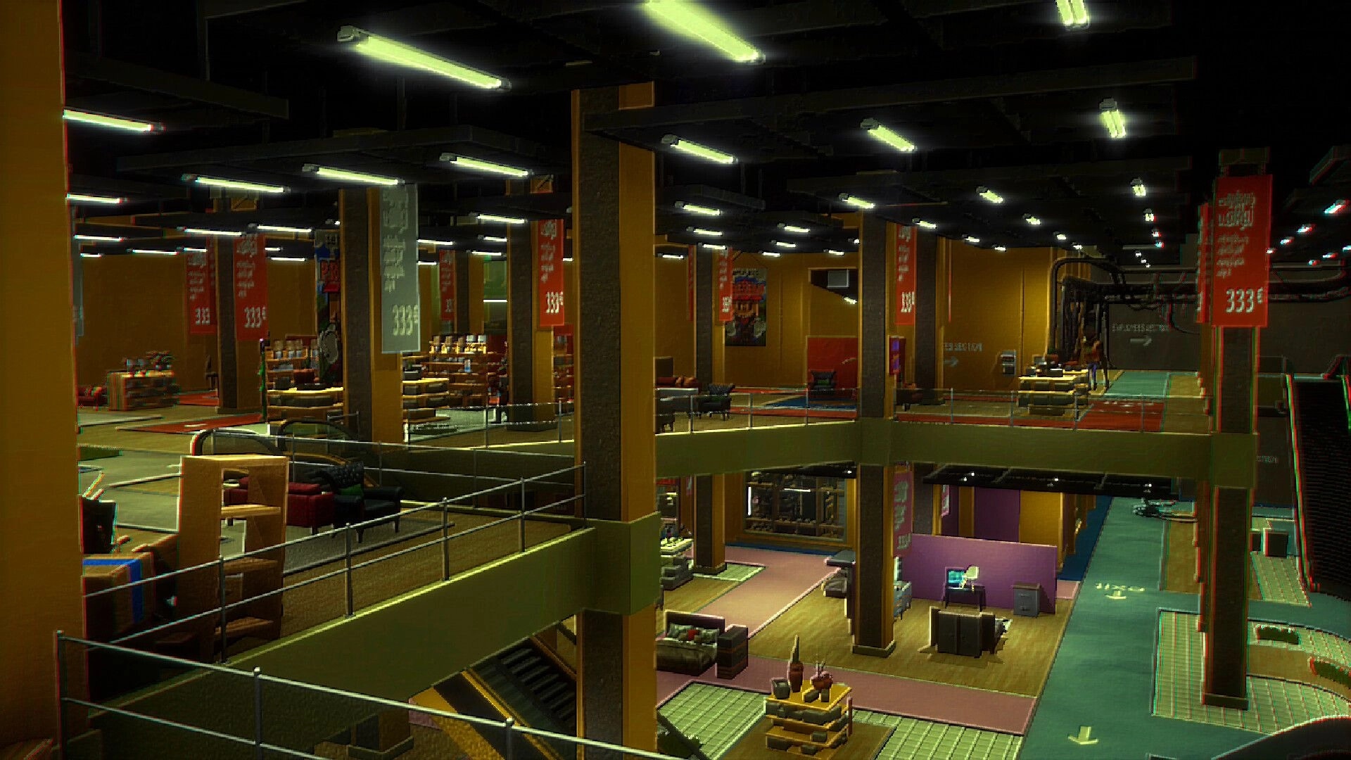 Storebound: Expansive multilevel megastore interior with displays, signage, and escalators visible