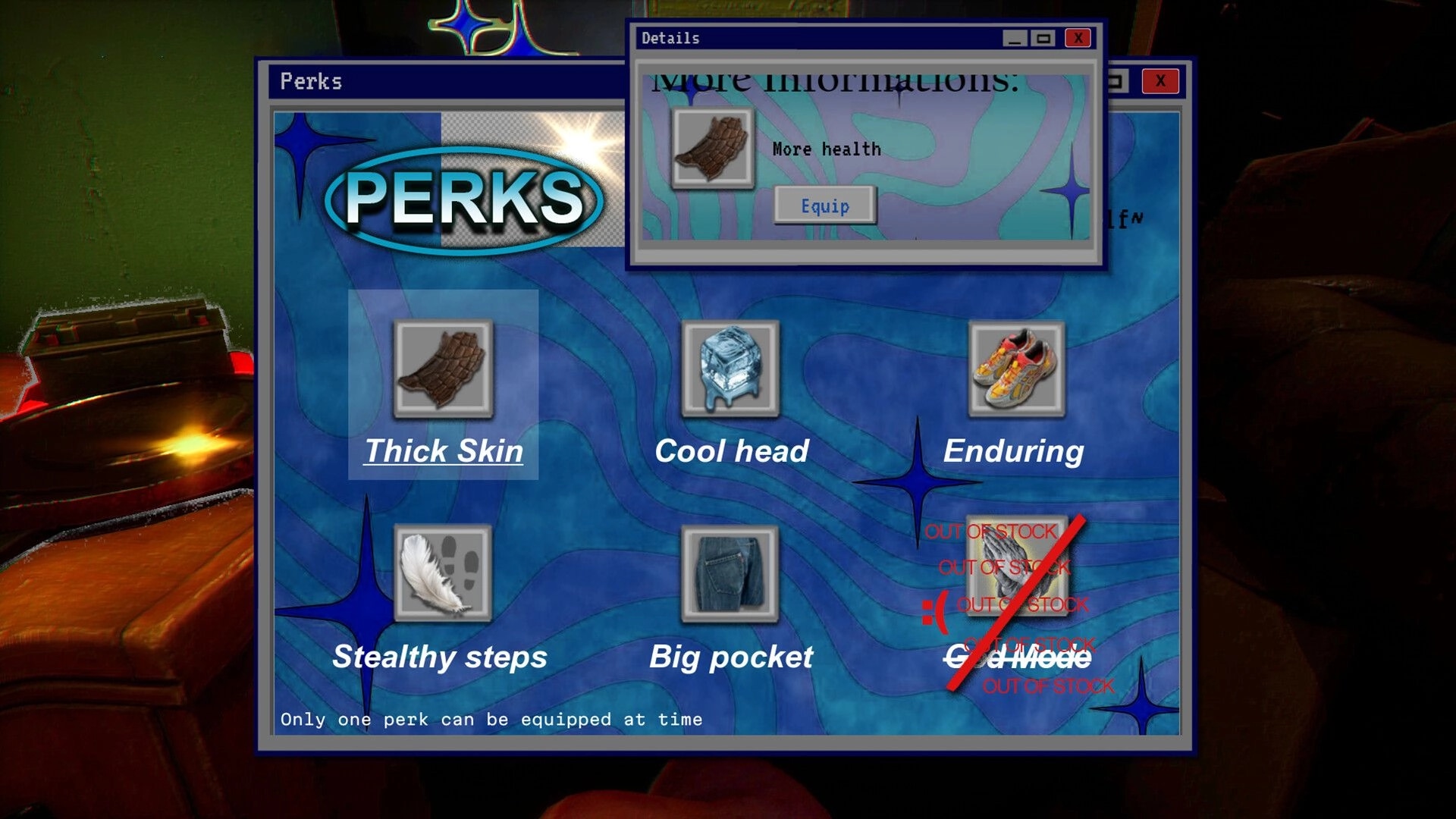 Storebound: Perks menu selection with options like Thick Skin, Cool Head, and Stealthy Steps displayed
