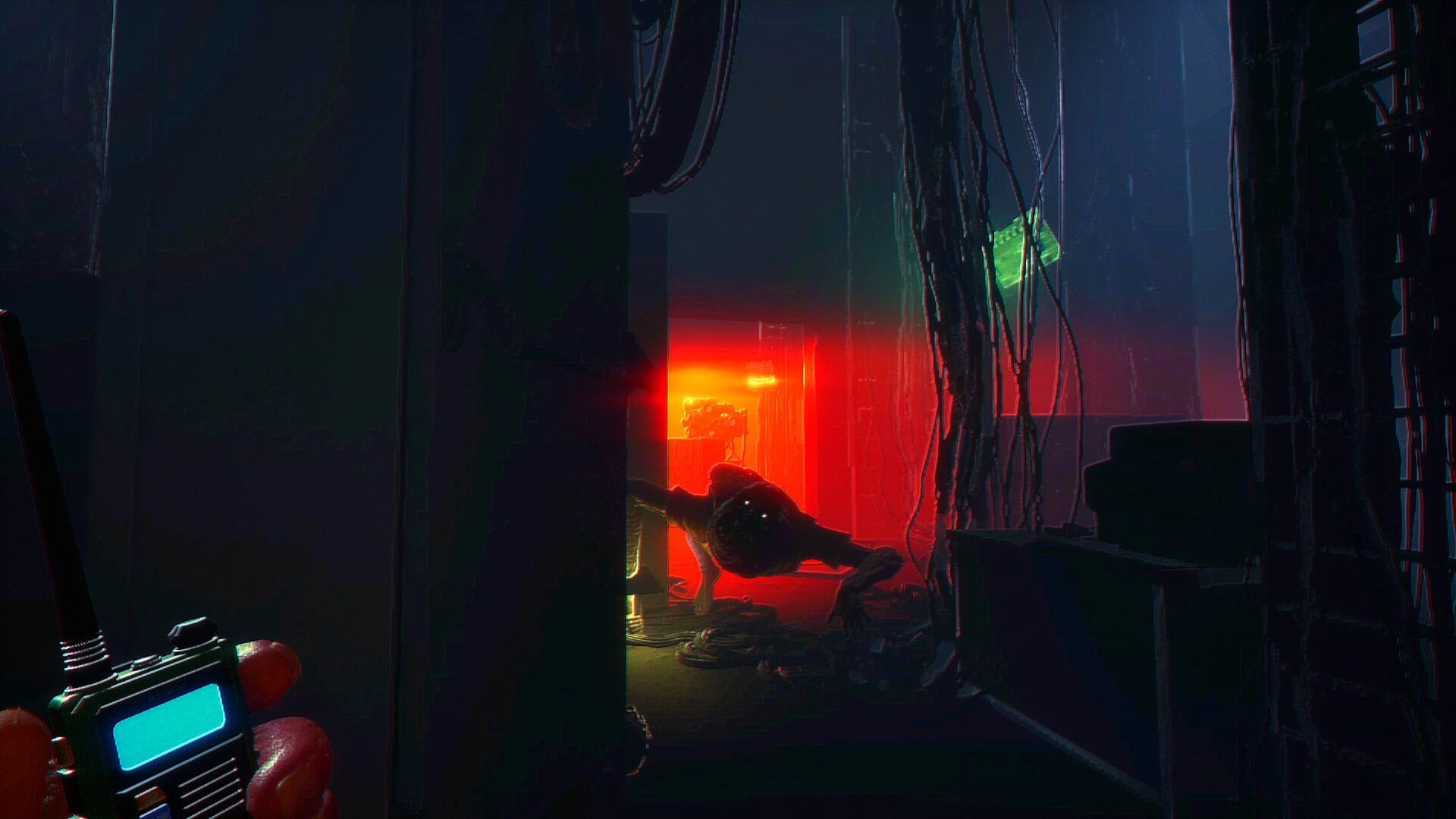 Storebound: Player holding walkie-talkie in dark corridor with creature approaching under red light
