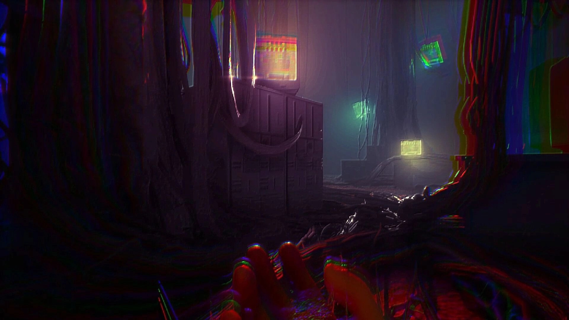 Storebound: Player's hands reach out in eerie, neon-lit corridor with tangled wires and lockers