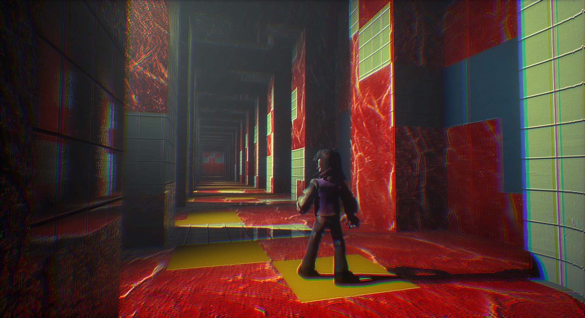 Storebound: Character walks through a dimly lit, distorted red and white tiled hallway in the megastore