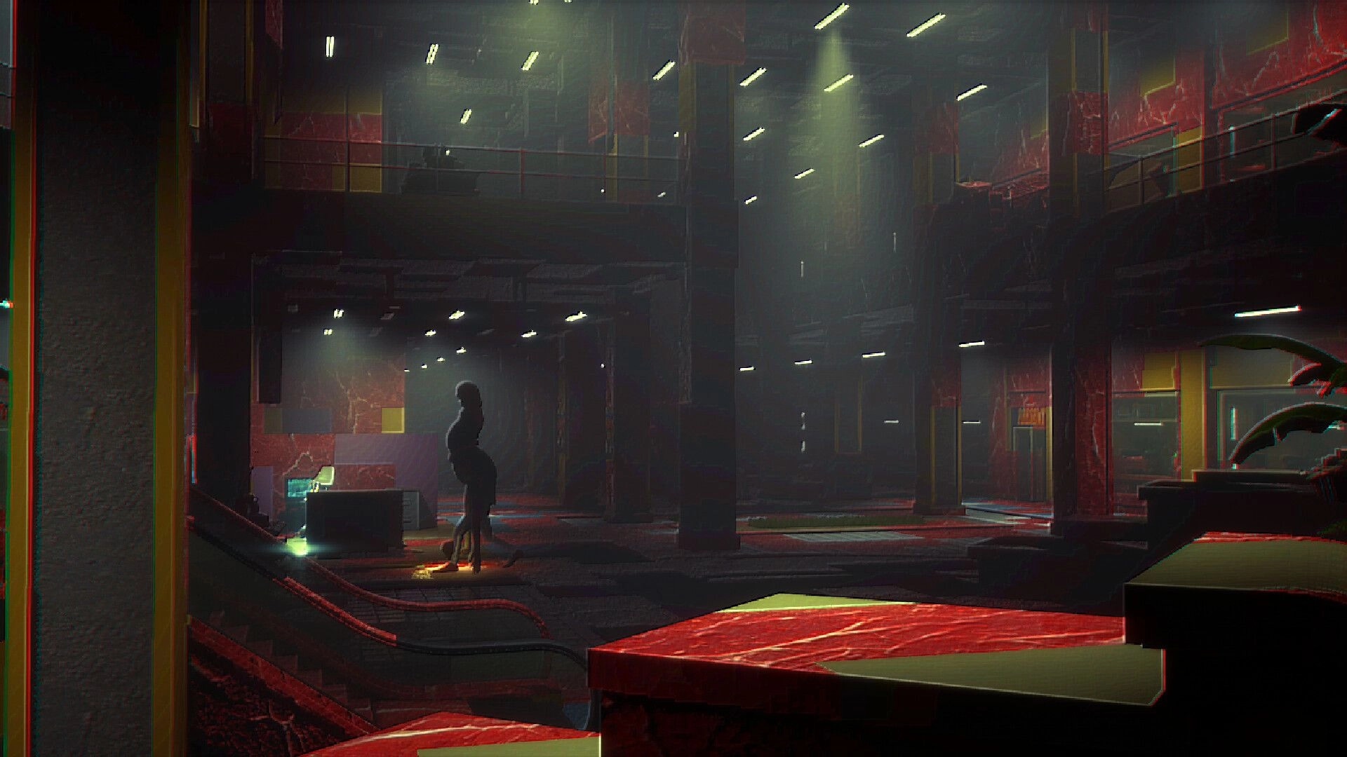 Storebound: Lone shopper exploring dimly lit megastore with high ceilings and scattered spotlights