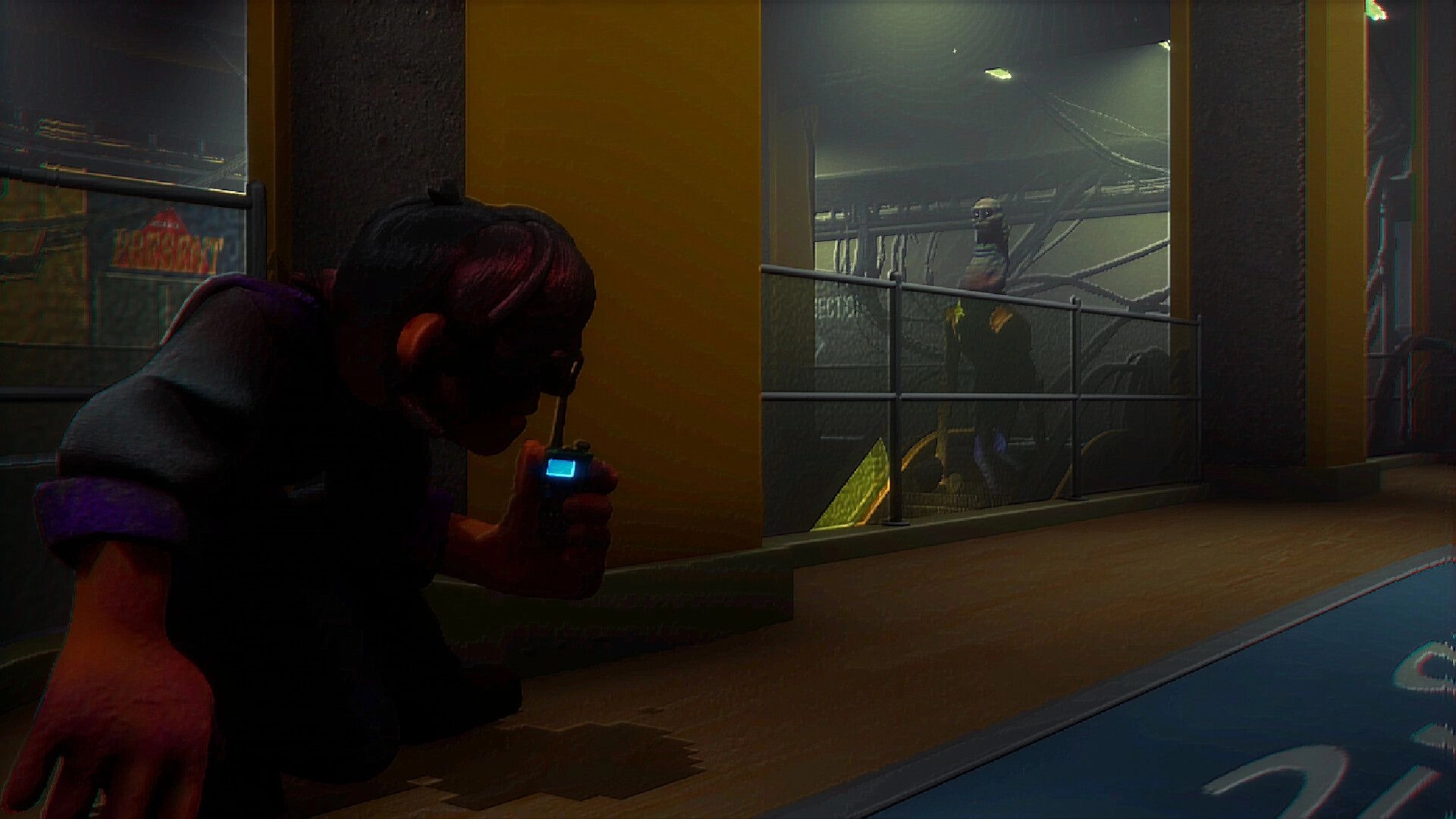 Storebound: Shopper crouches with flashlight in shadowy corridor, avoiding lurking employee nearby.