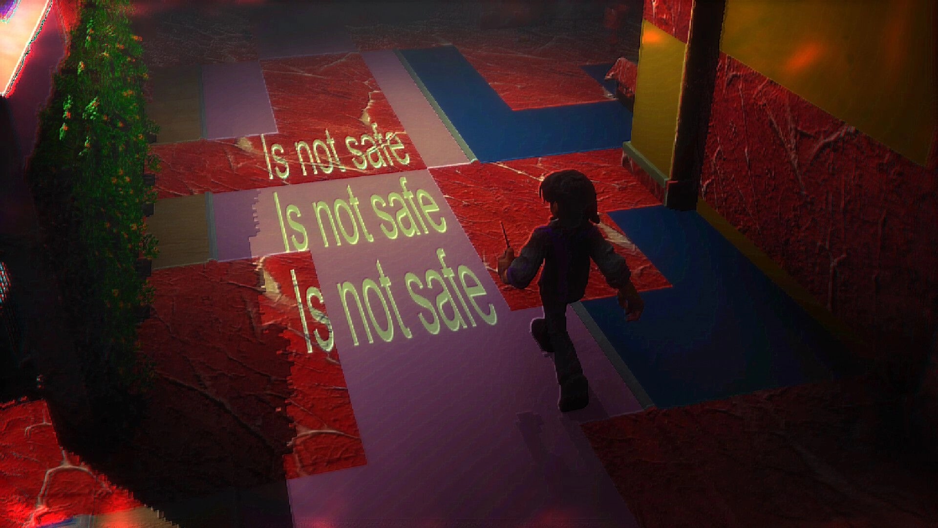 Storebound: Player navigating eerie hallway with "Is not safe" projected on floor in dim lighting
