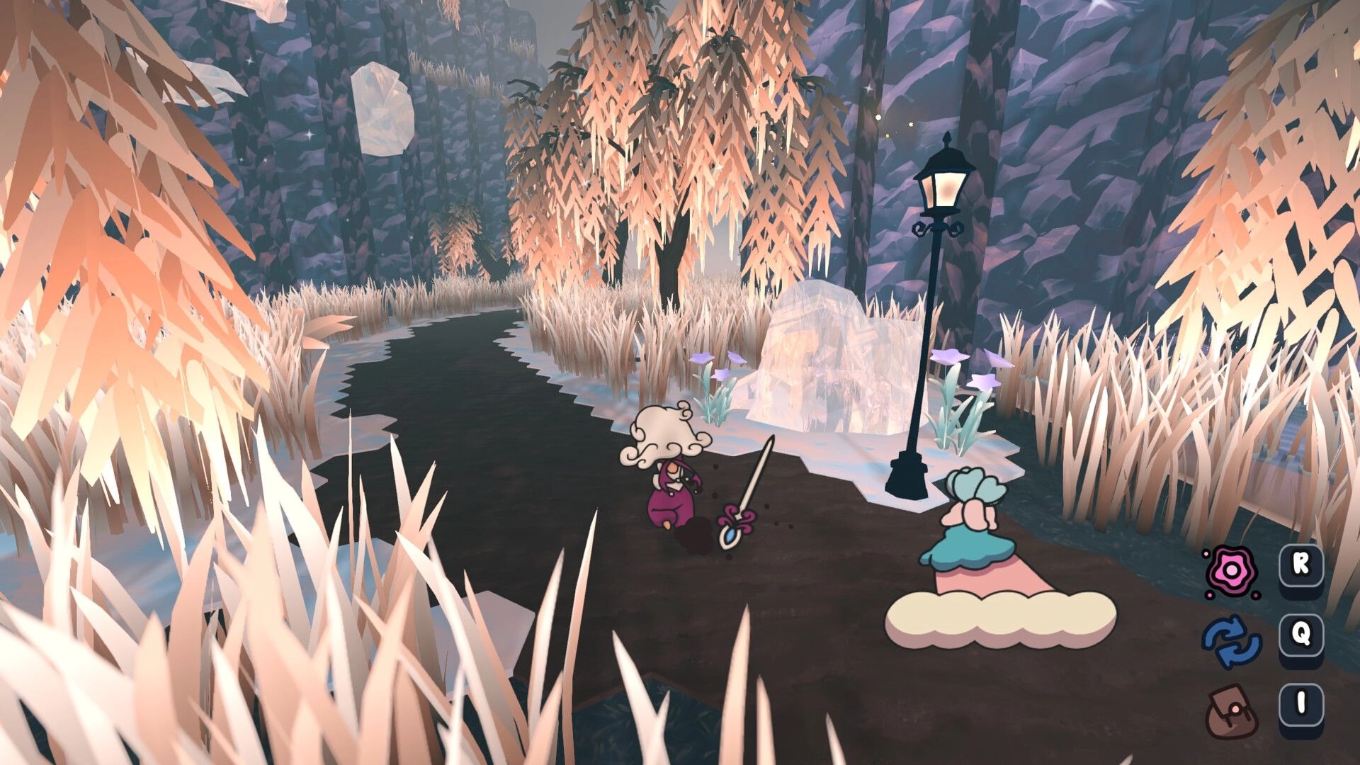 Stories of Somnia: Two party members on a winding path by lamppost in frosty canyon grasses.