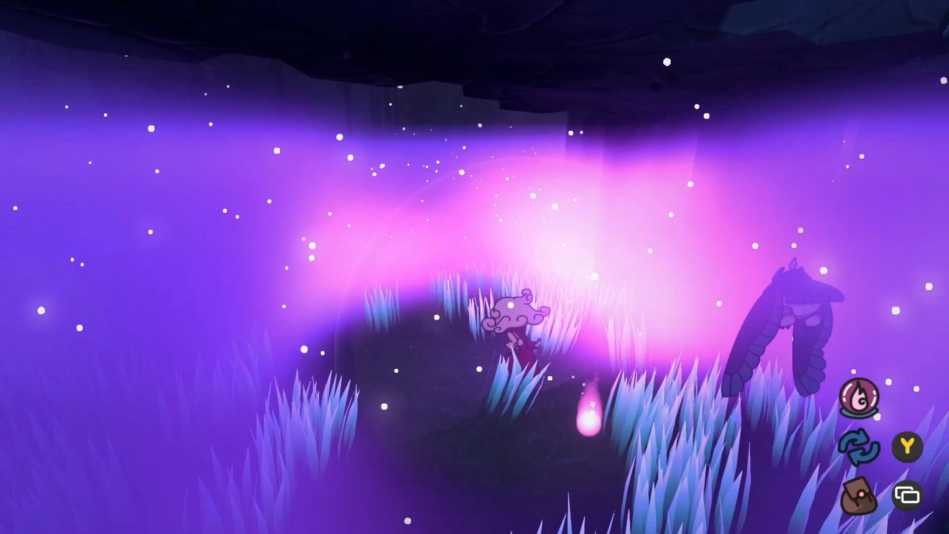 Stories of Somnia: Small hero walks through glowing purple mist and grass in a dark cave with UI icons.