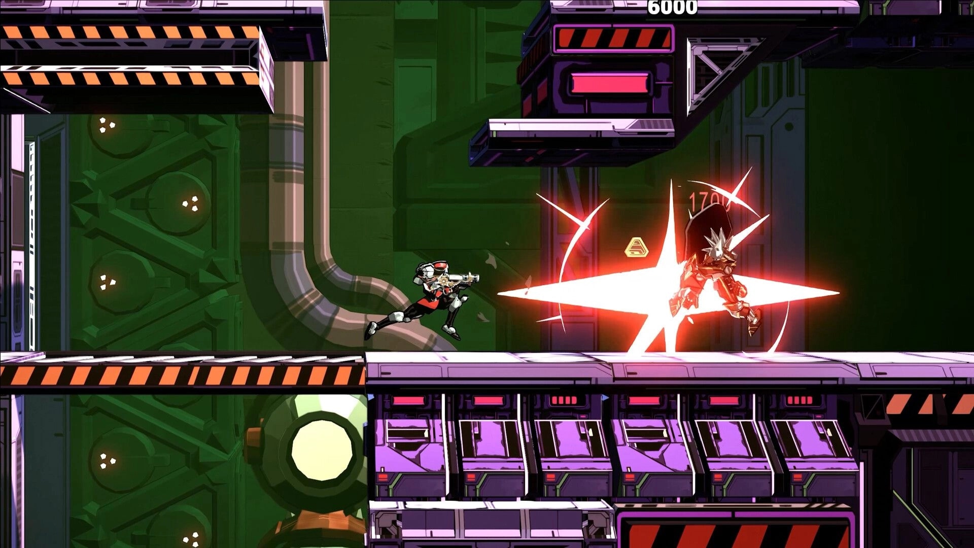 Storm Lancers: Player character firing laser at armored enemy in futuristic industrial corridor