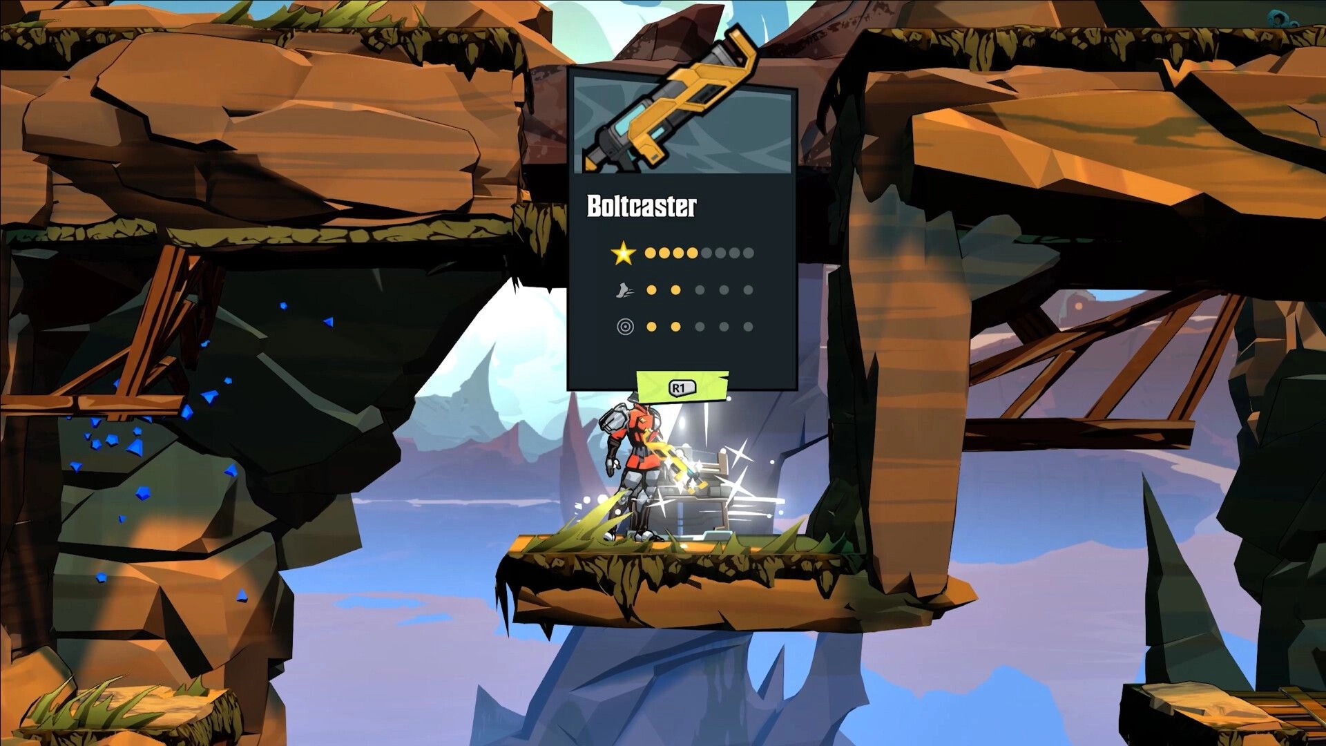 Storm Lancers: Character finds Boltcaster weapon on cliffside platform with stats display visible