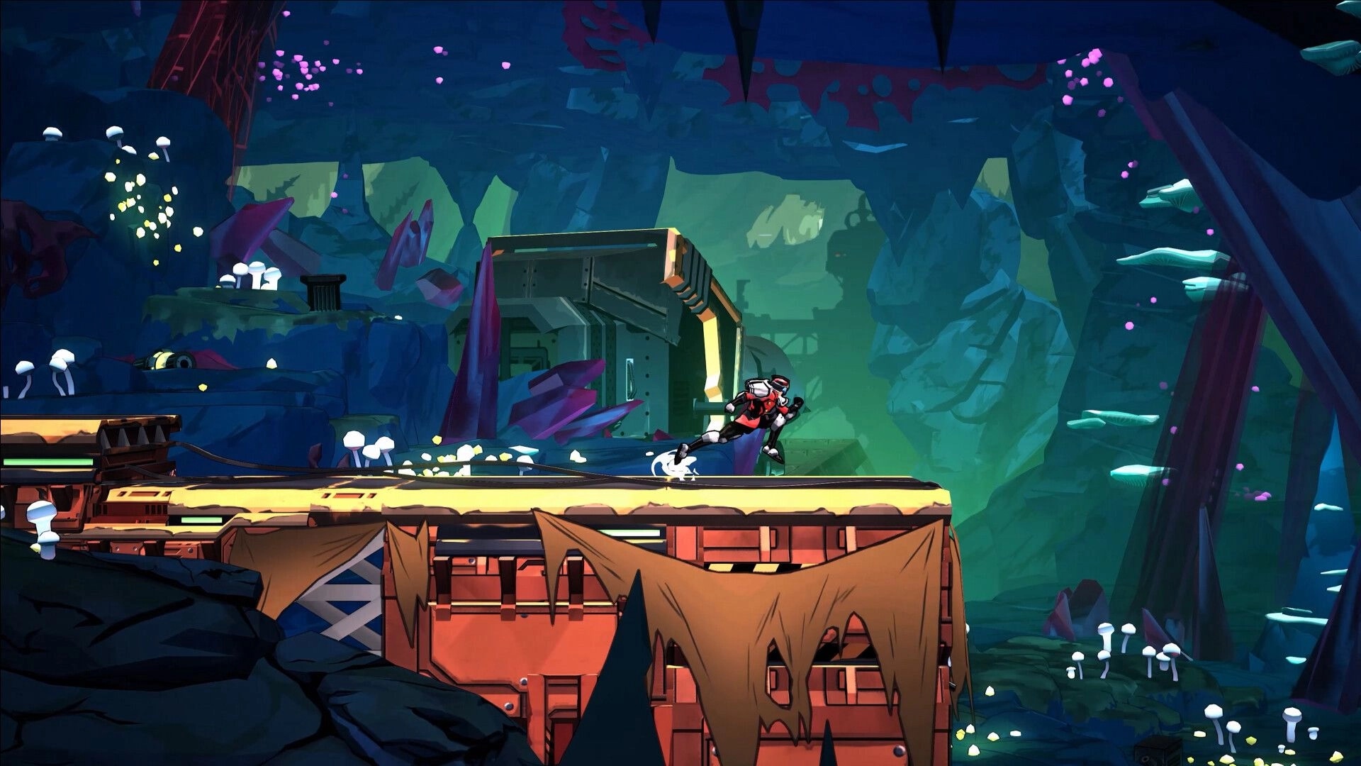 Storm Lancers: Character sprinting across a vibrant underground cave with glowing mushrooms