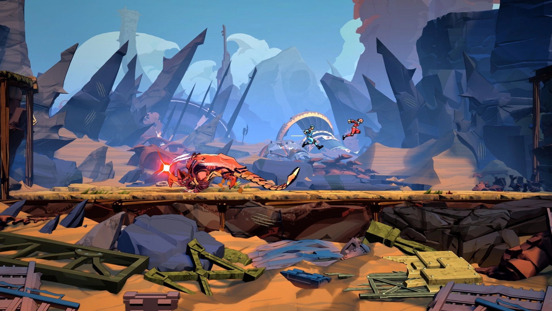 Storm Lancers: Two players leap over a monstrous creature in a rocky, post-apocalyptic landscape.